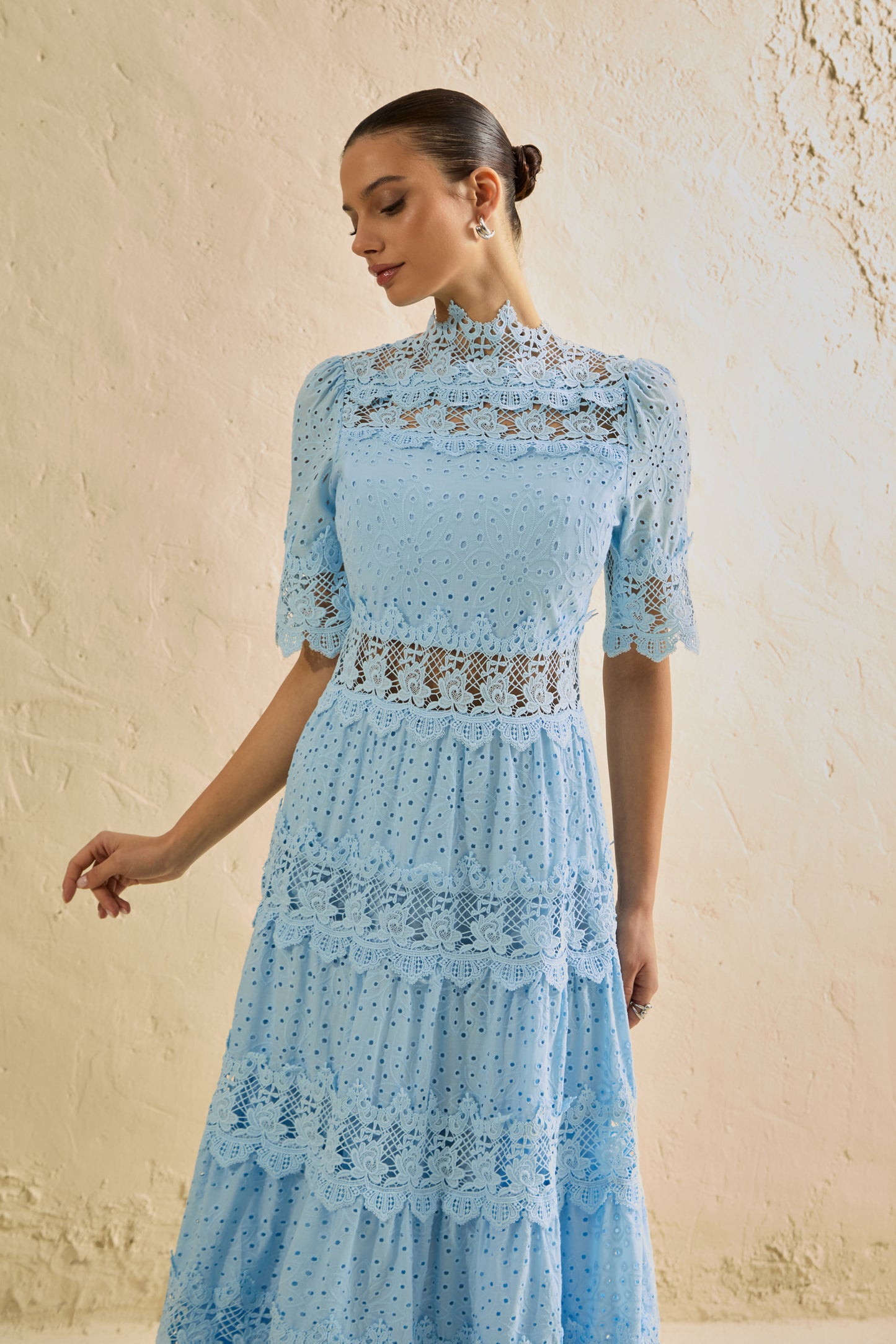 Elegant Blue Eyelet Lace Tiered Maxi Dress