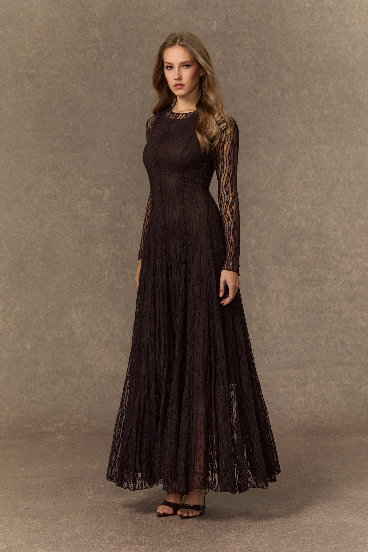 Elegant Brown Sheer Lace Maxi Dress with Petticoat