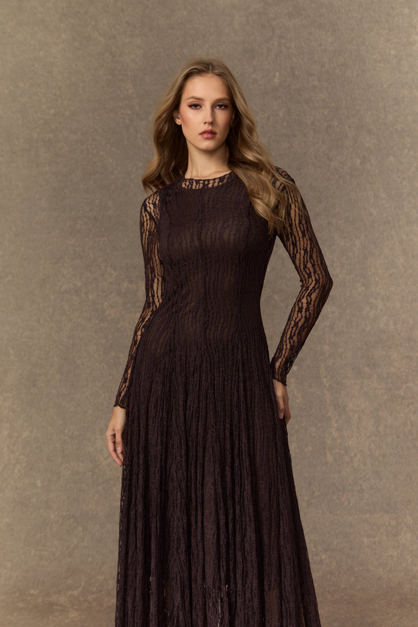 Elegant Brown Sheer Lace Maxi Dress with Petticoat