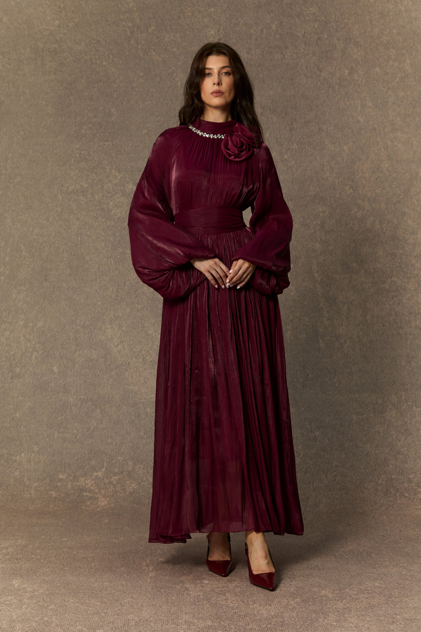 Polished Burgundy Pearl Collared Maxi Dress