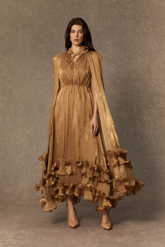 Classic Cape-Effect Ruffled Midi Dress