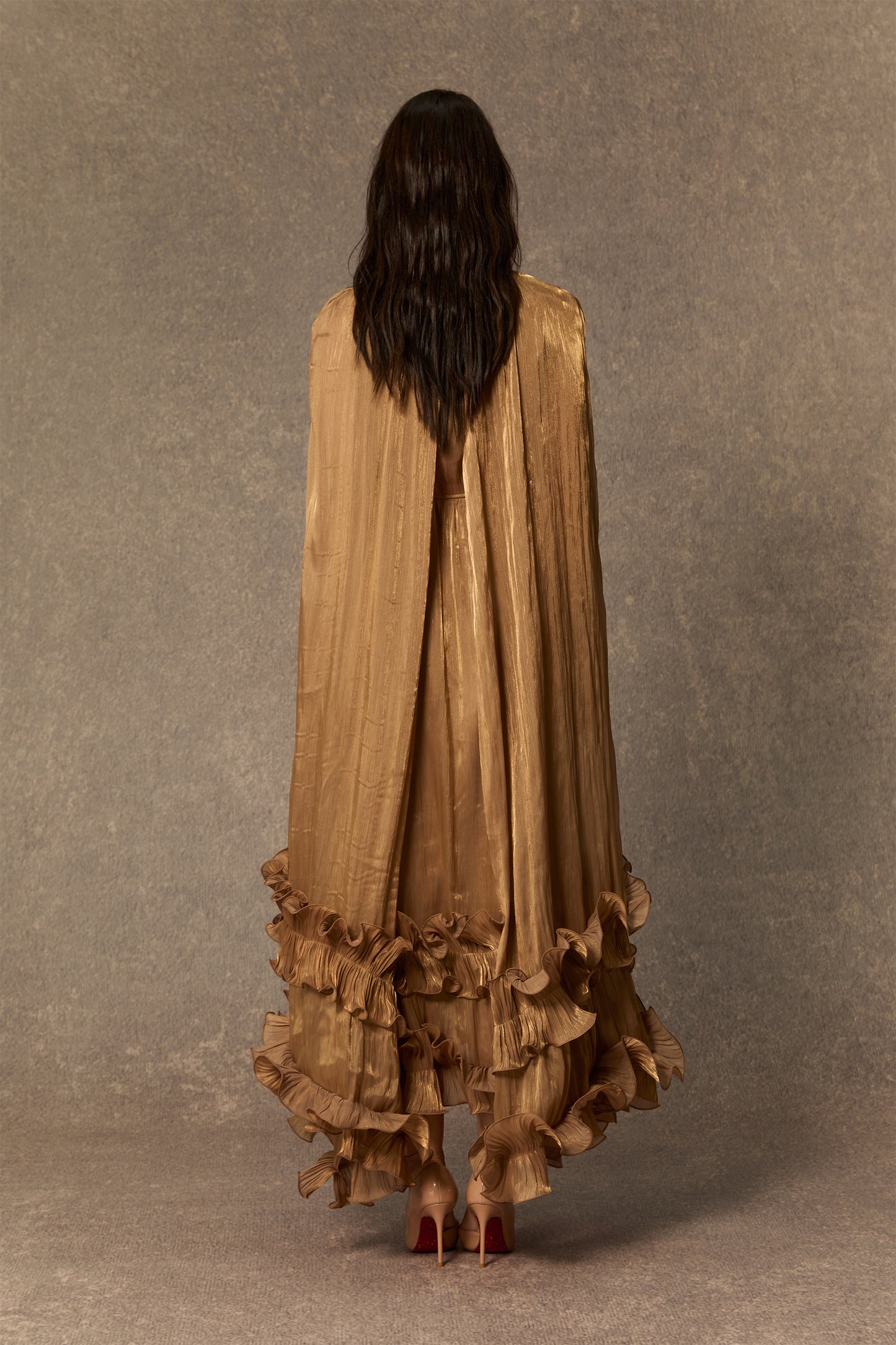 Classic Cape-Effect Ruffled Midi Dress