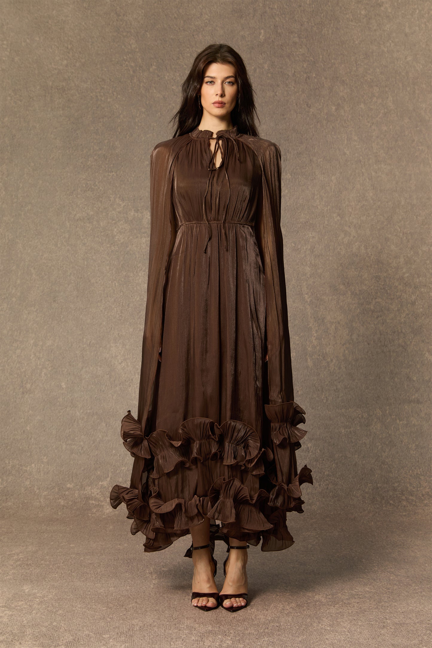 Classic Cape-Effect Ruffled Midi Dress