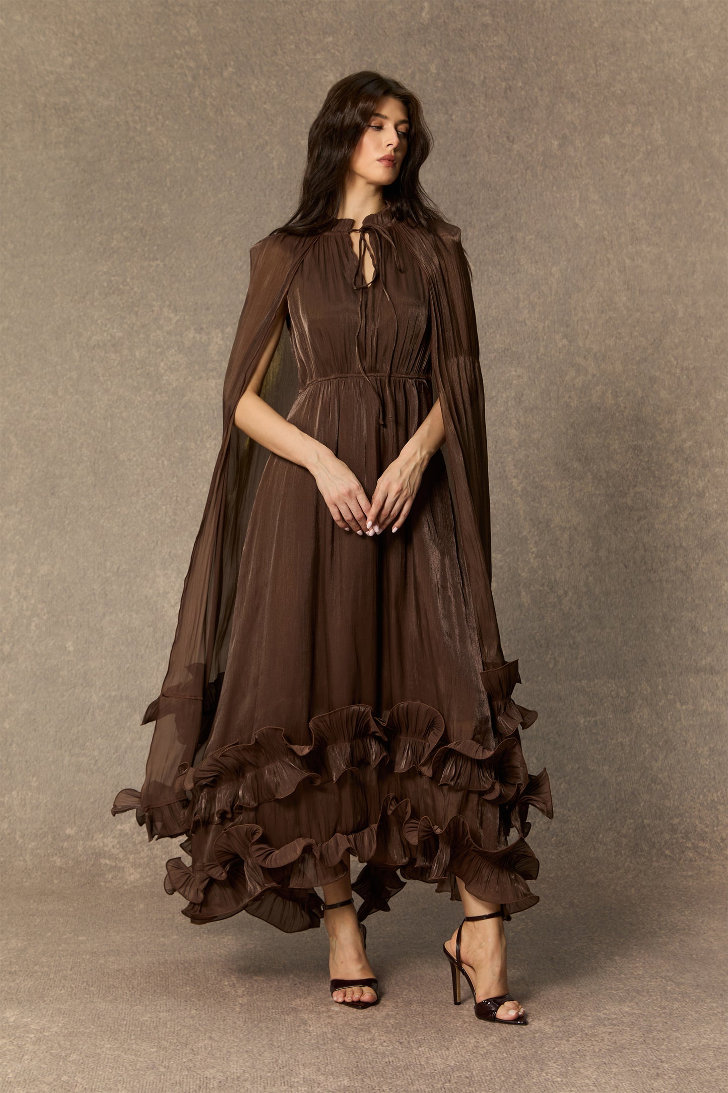 Classic Cape-Effect Ruffled Midi Dress