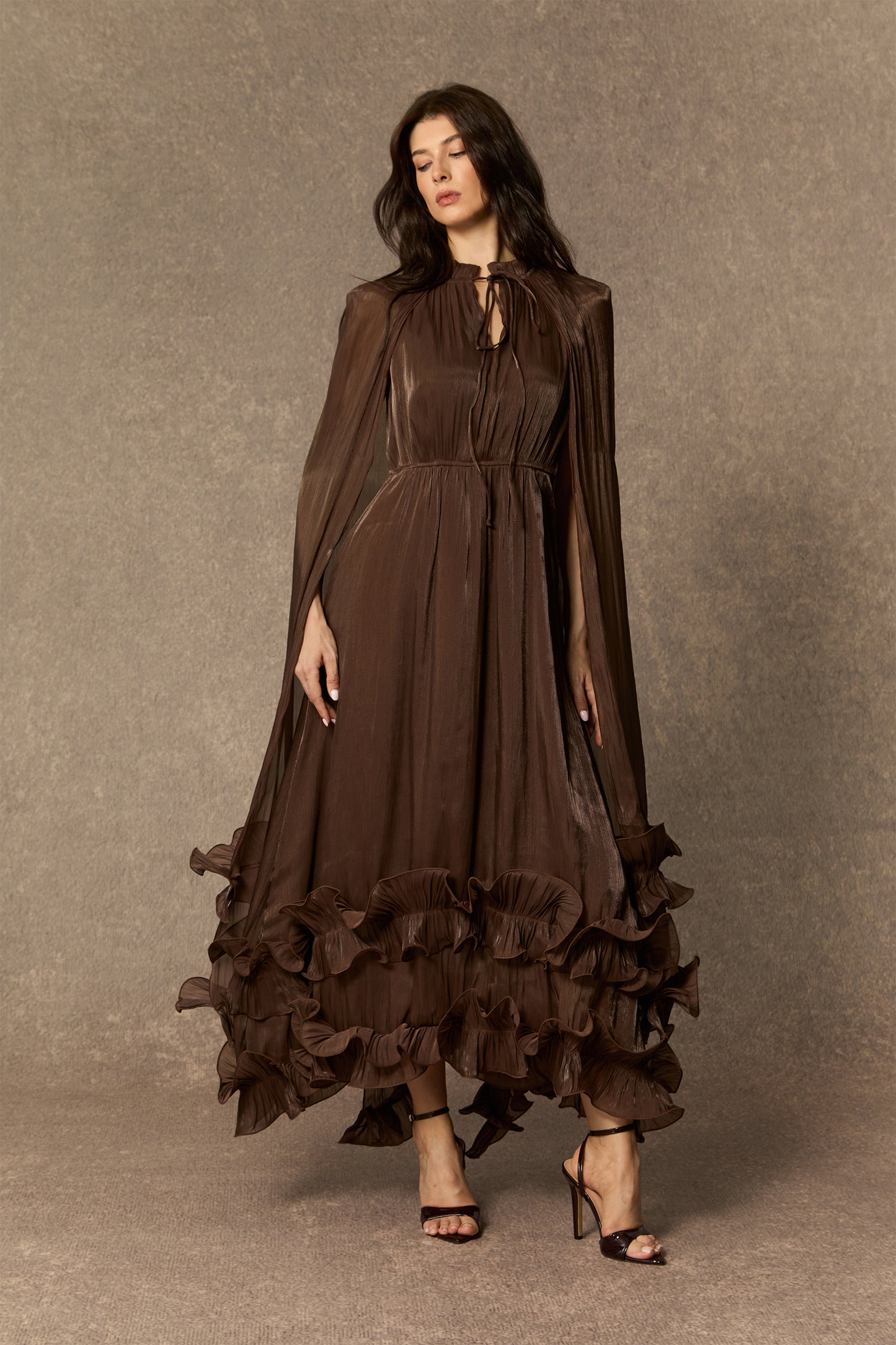 Classic Cape-Effect Ruffled Midi Dress