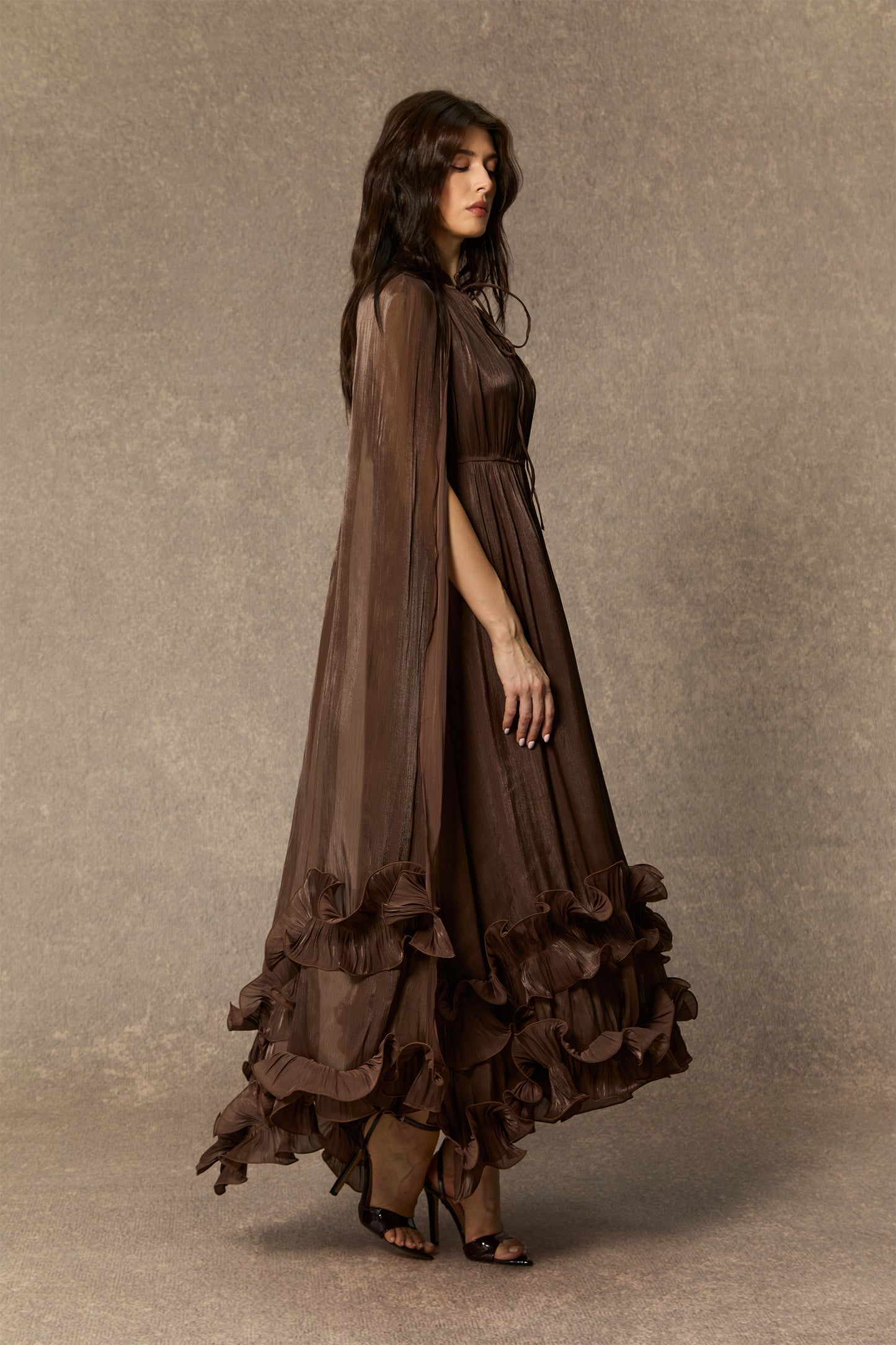 Classic Cape-Effect Ruffled Midi Dress