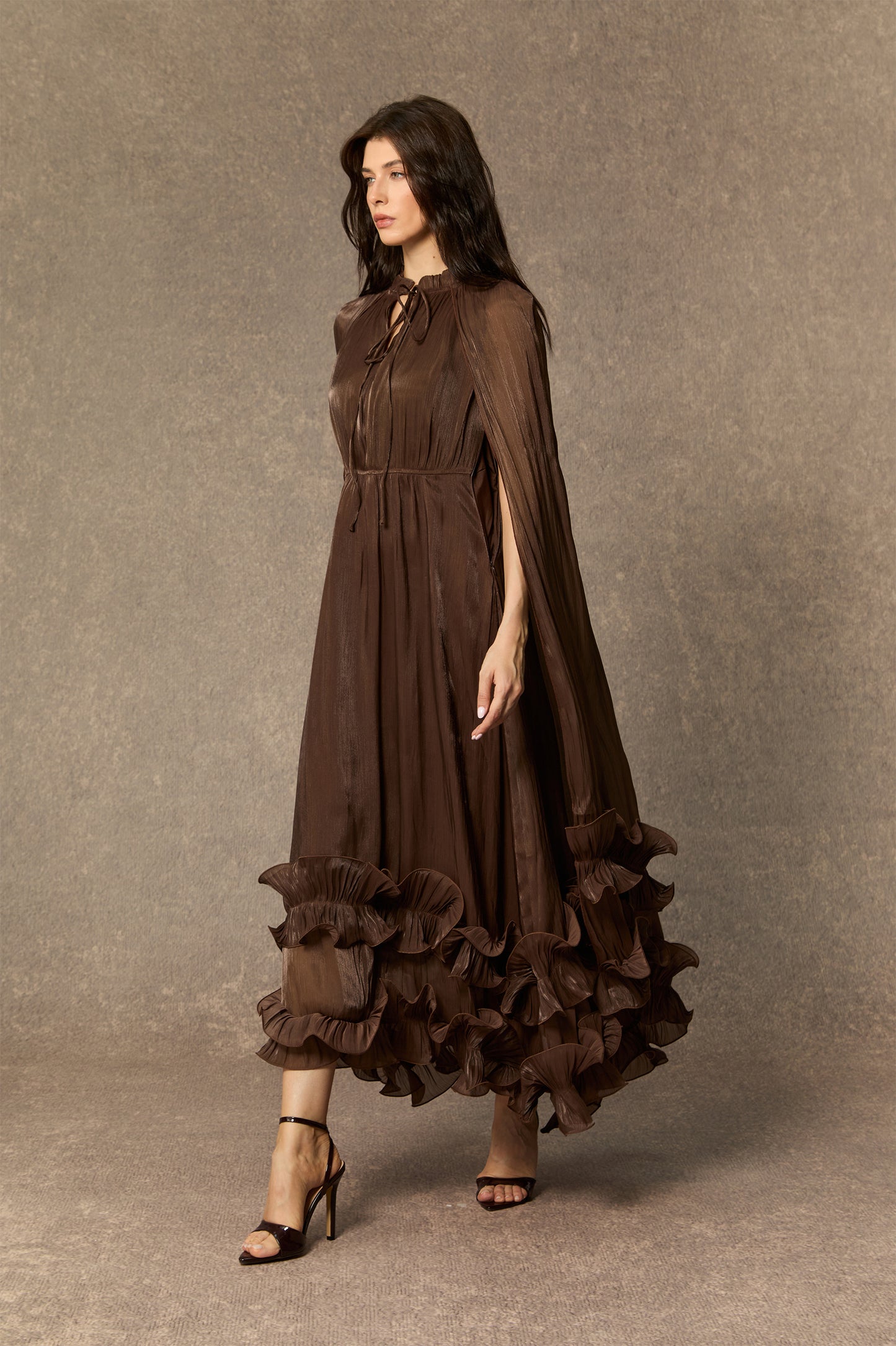 Classic Cape-Effect Ruffled Midi Dress