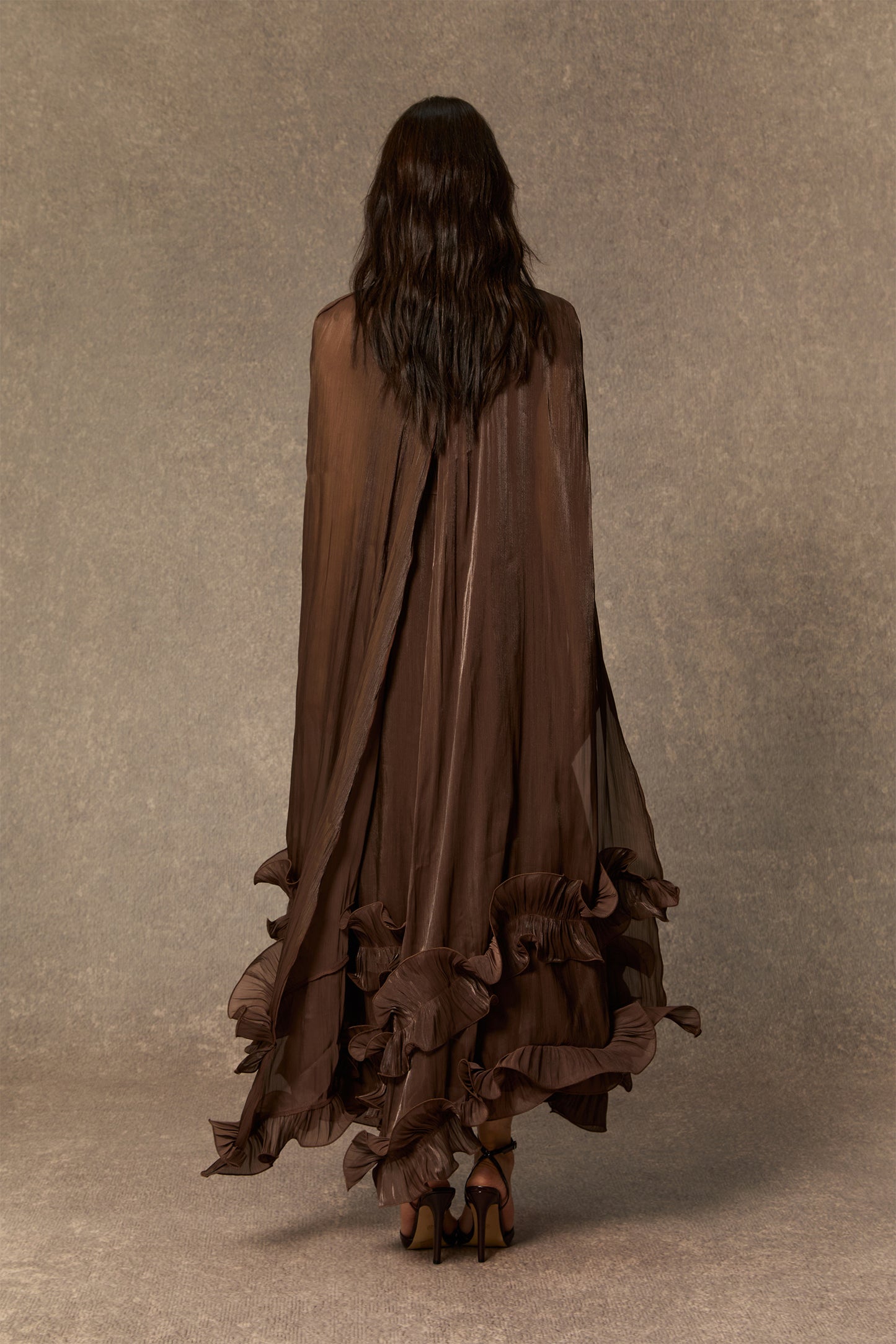 Classic Cape-Effect Ruffled Midi Dress