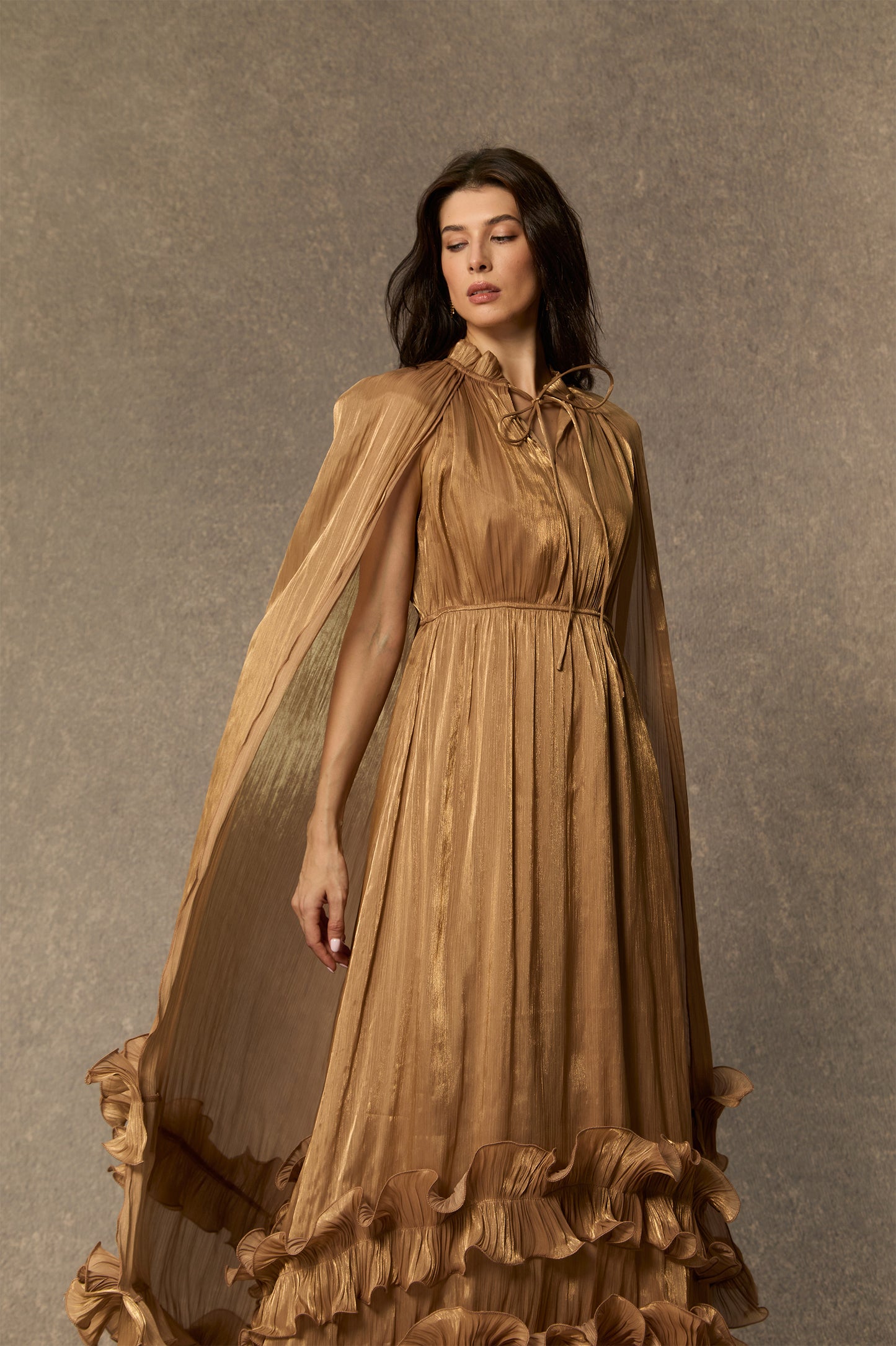 Classic Cape-Effect Ruffled Midi Dress