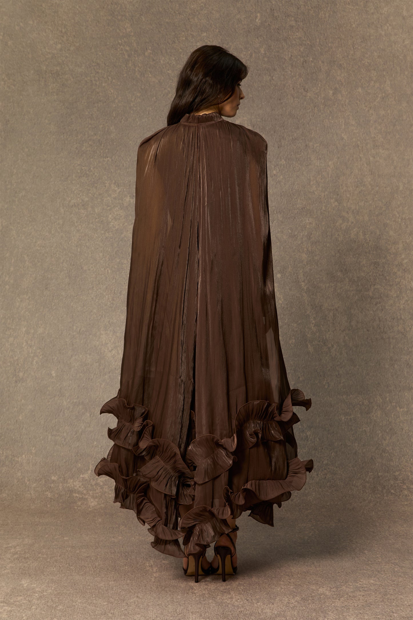 Classic Cape-Effect Ruffled Midi Dress