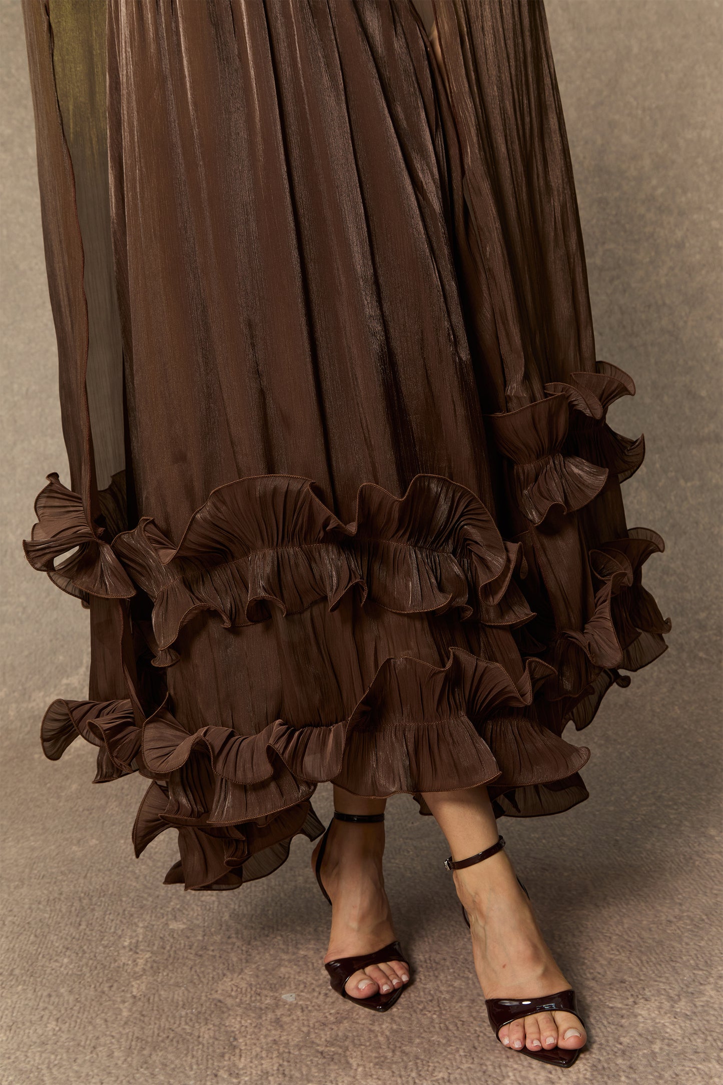 Classic Cape-Effect Ruffled Midi Dress