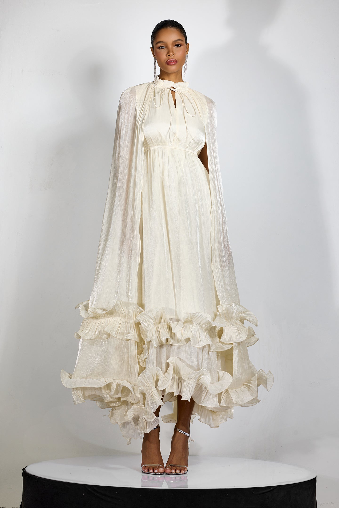 Classic Cape-Effect Ruffled Midi Dress