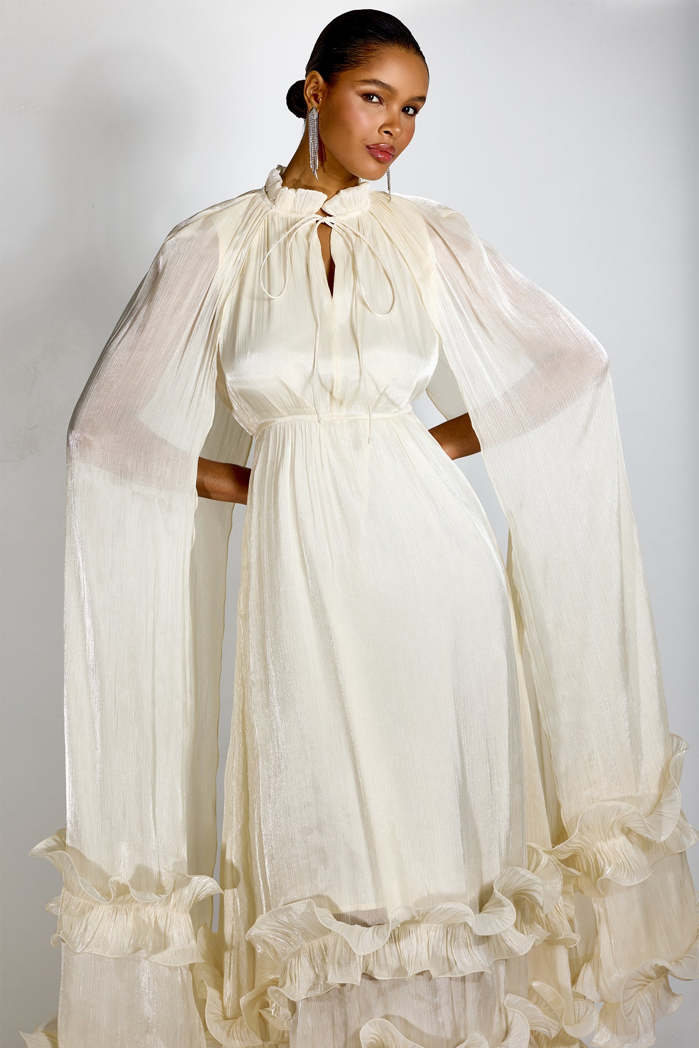 Classic Cape-Effect Ruffled Midi Dress