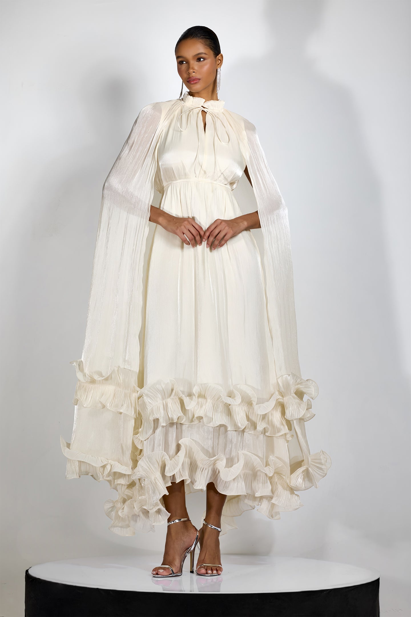 Classic Cape-Effect Ruffled Midi Dress