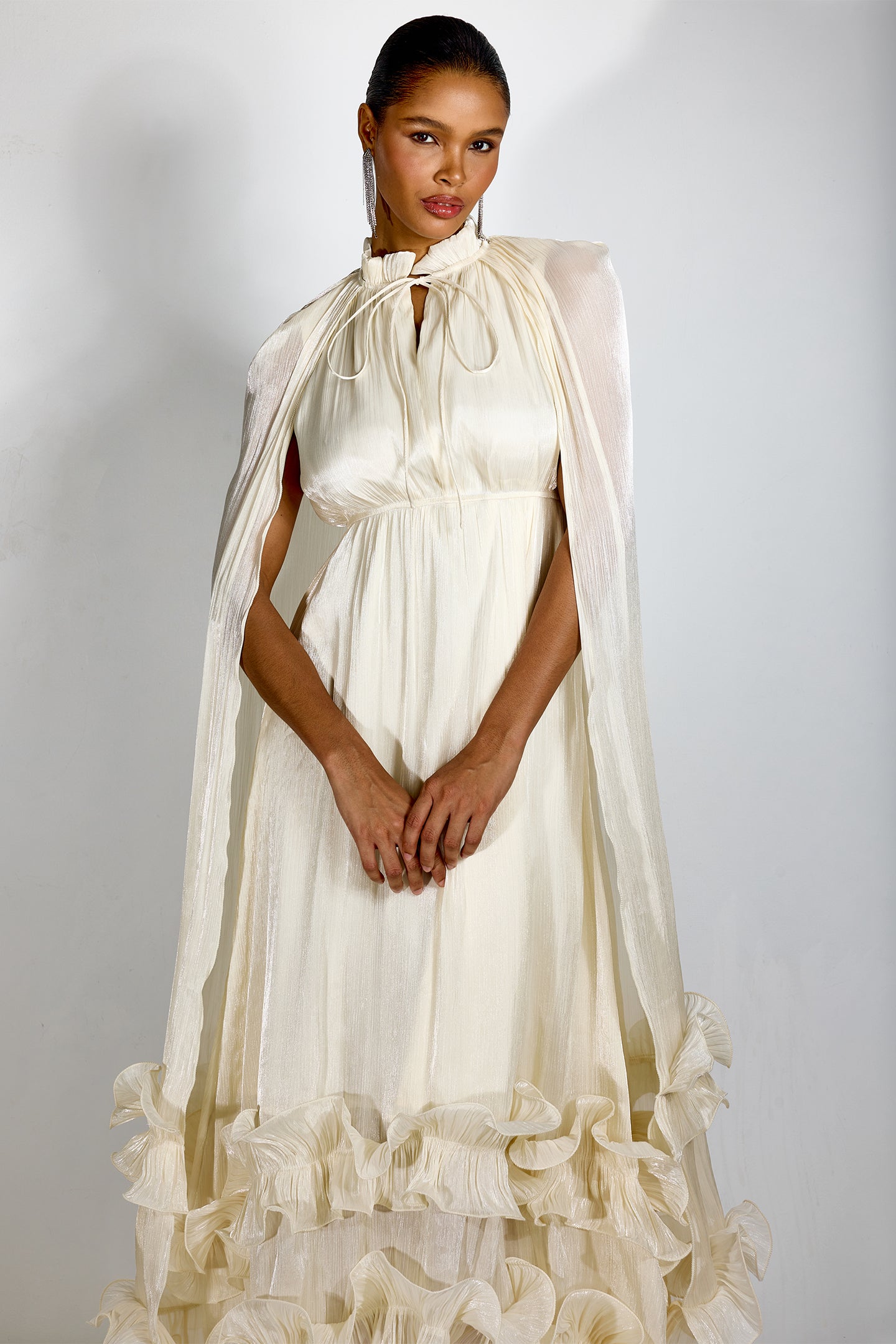 Classic Cape-Effect Ruffled Midi Dress