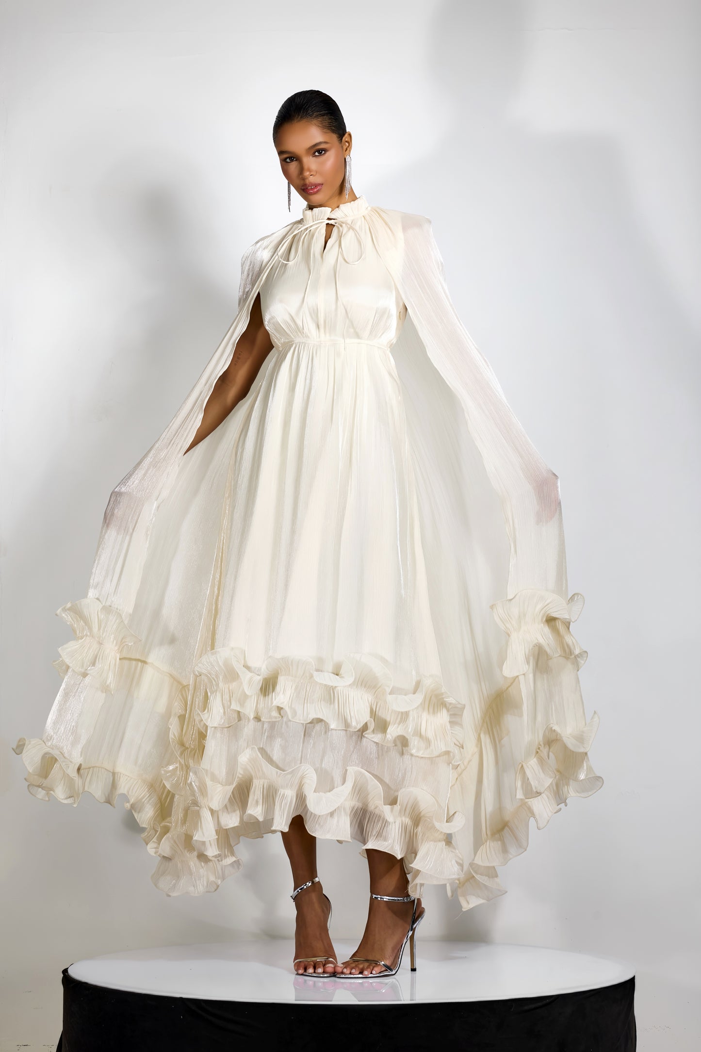 Classic Cape-Effect Ruffled Midi Dress