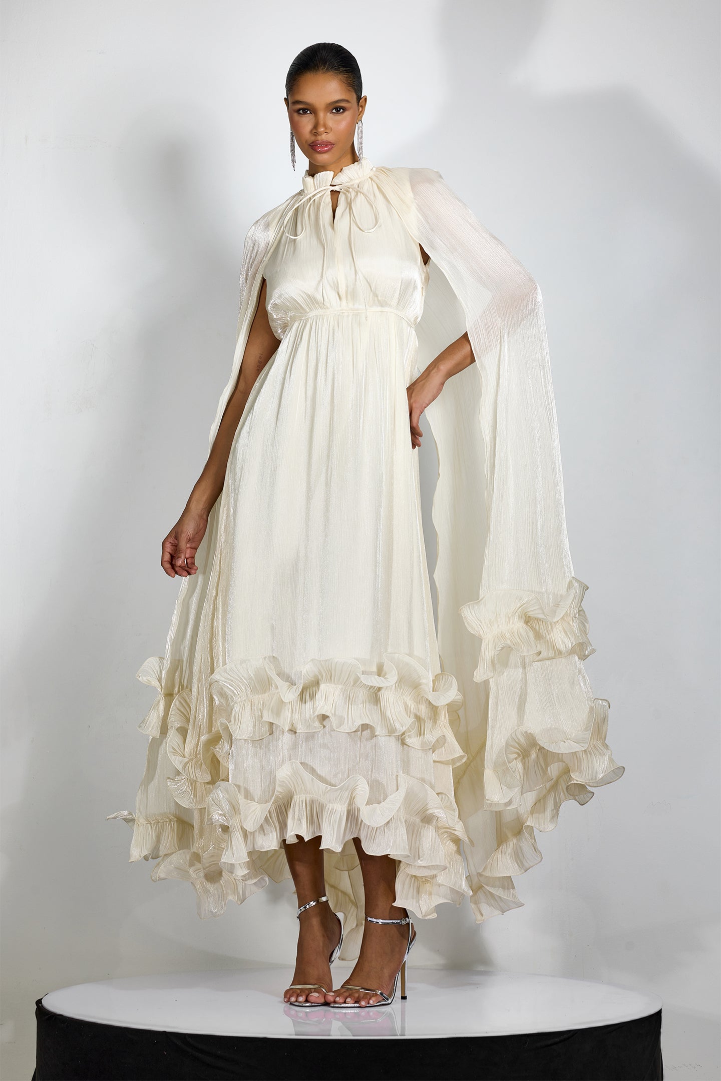 Classic Cape-Effect Ruffled Midi Dress