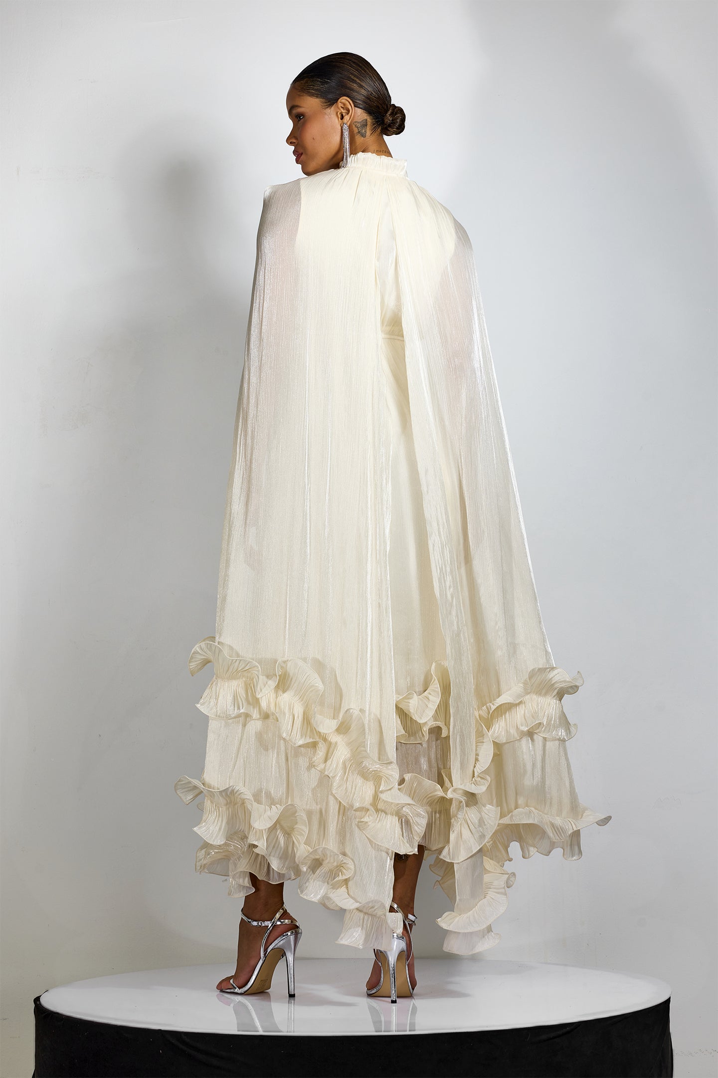 Classic Cape-Effect Ruffled Midi Dress