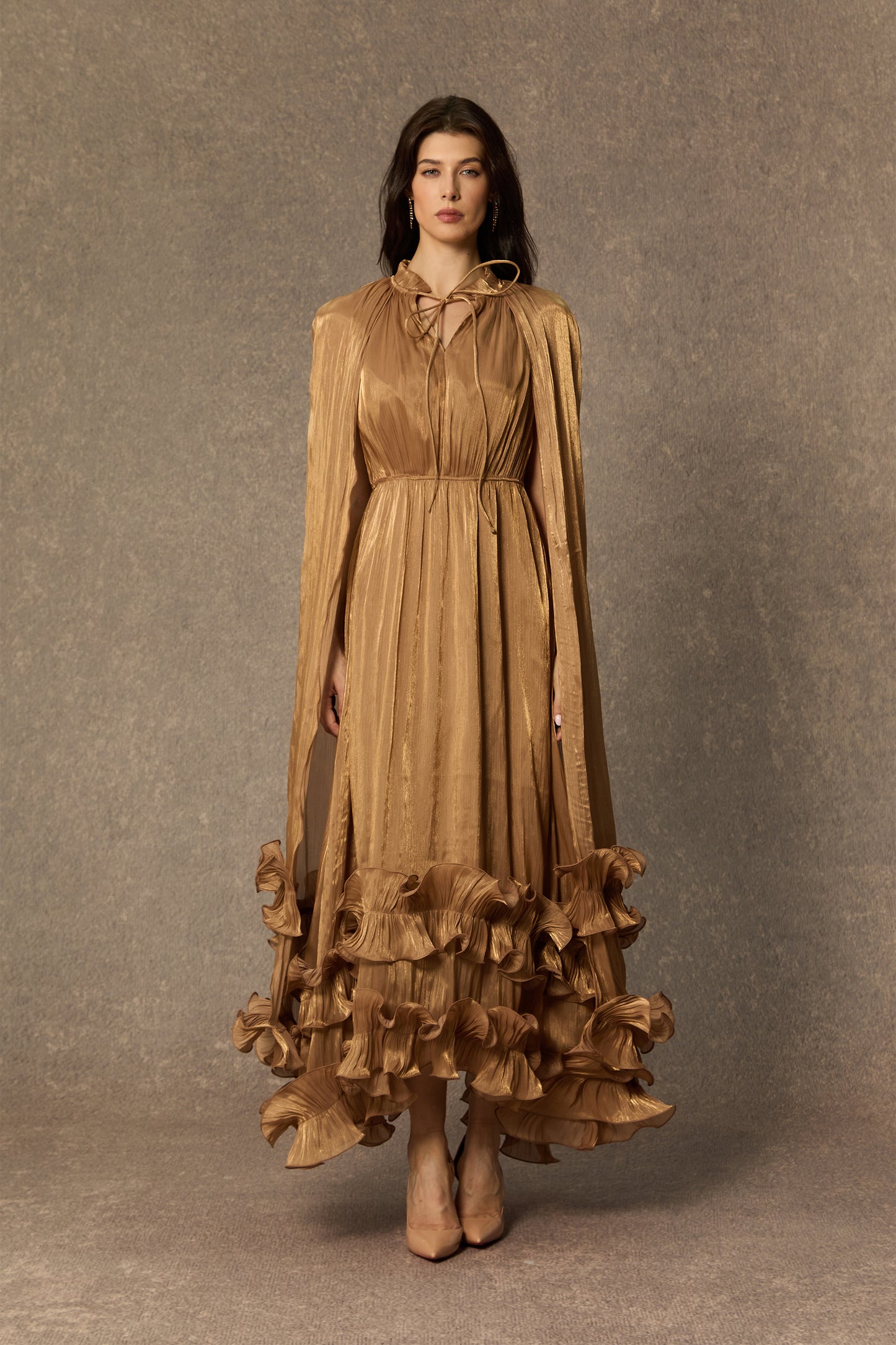 Classic Cape-Effect Ruffled Midi Dress