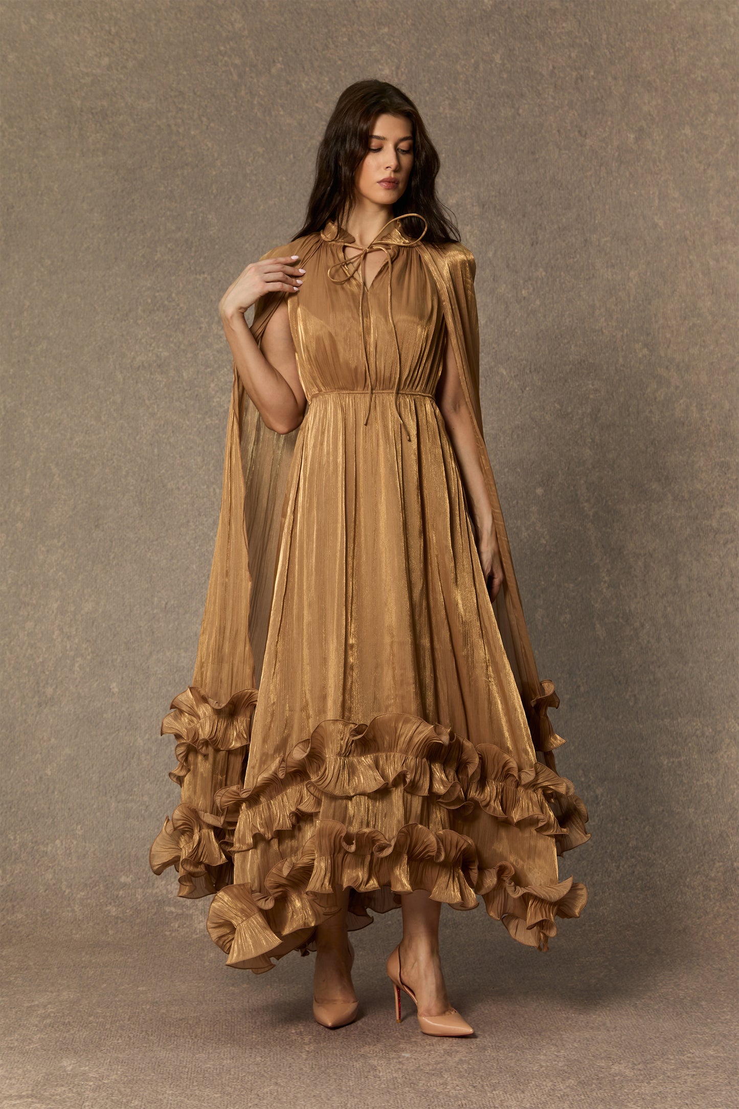 Classic Cape-Effect Ruffled Midi Dress