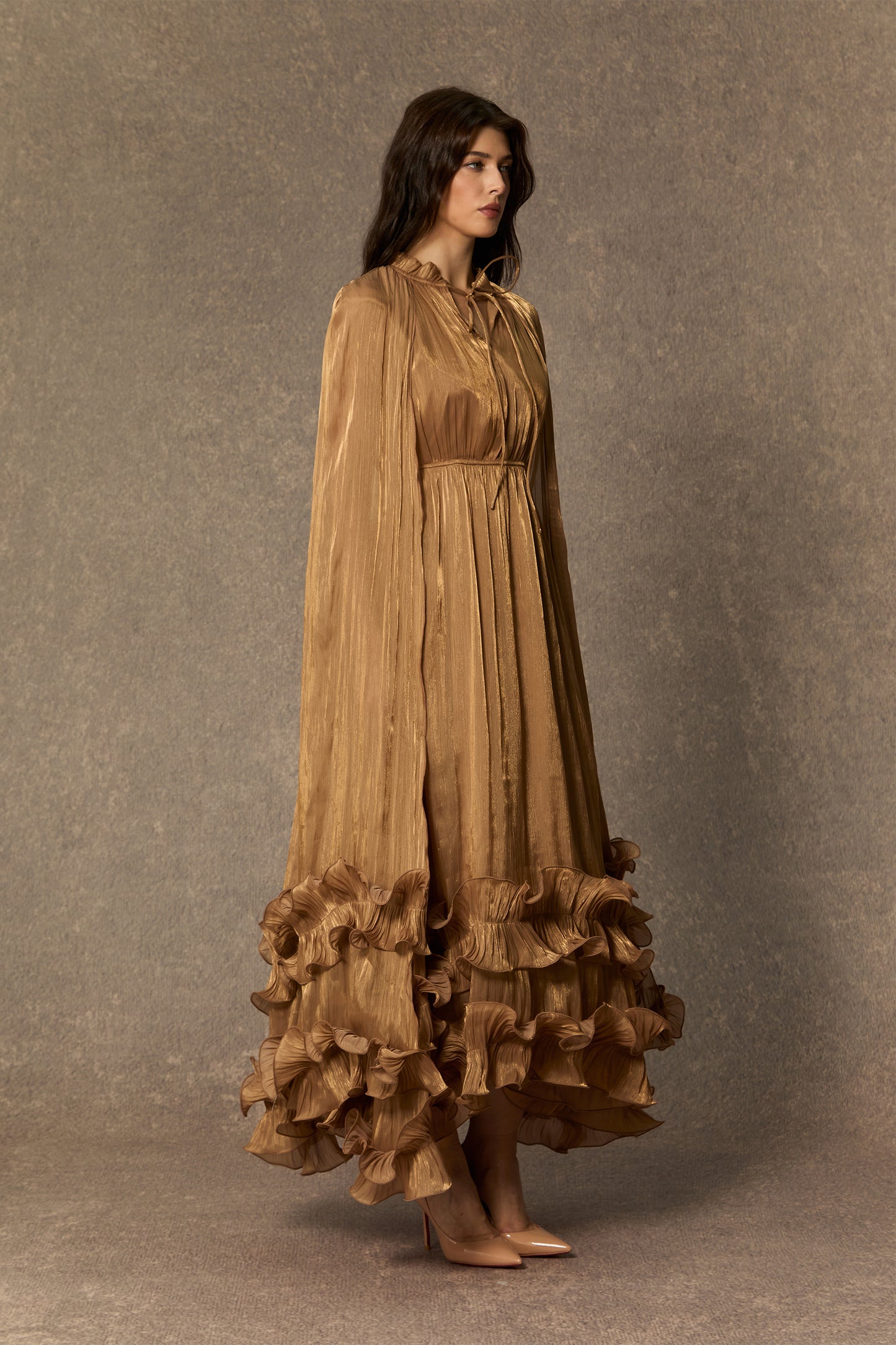 Classic Cape-Effect Ruffled Midi Dress