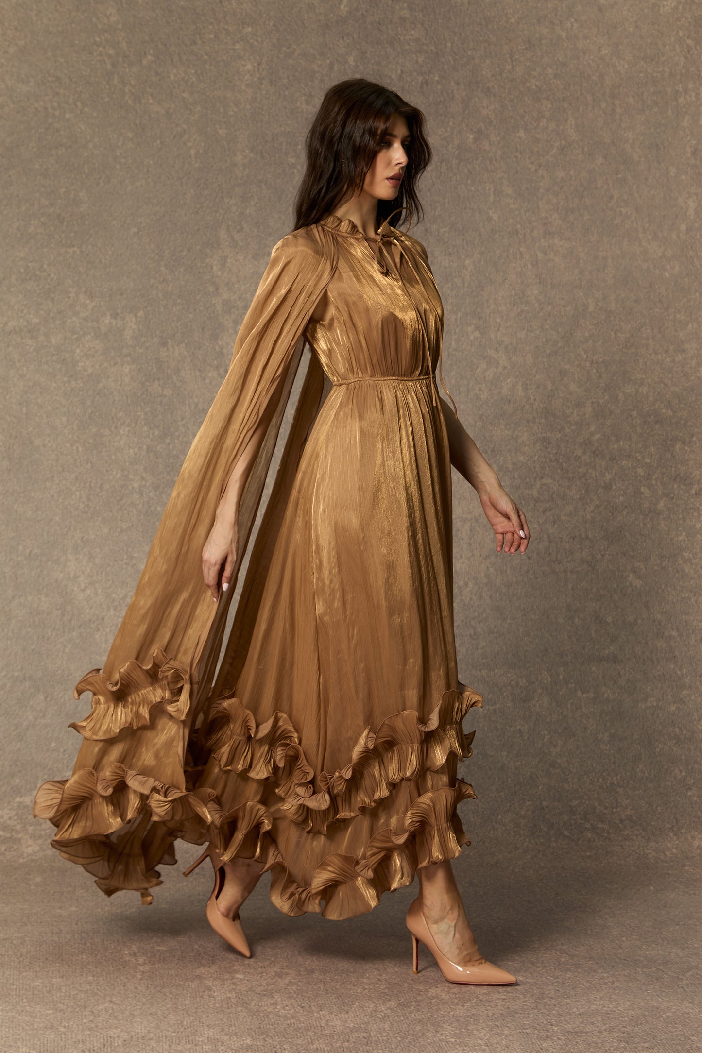 Classic Cape-Effect Ruffled Midi Dress