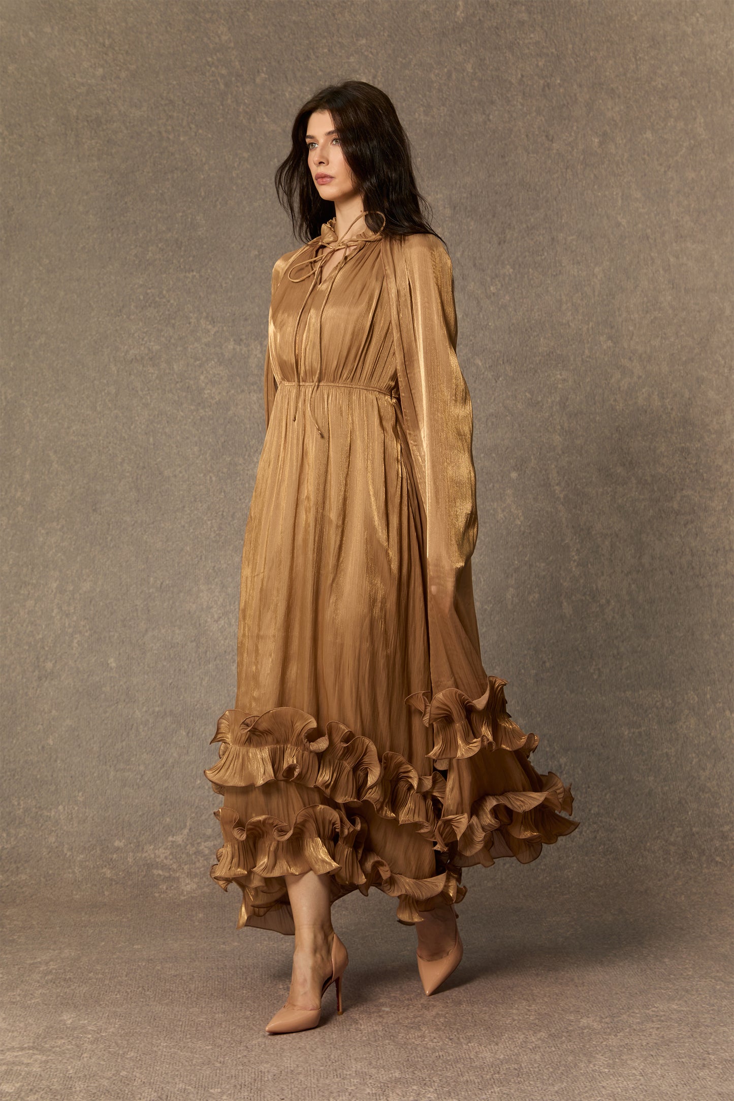 Classic Cape-Effect Ruffled Midi Dress