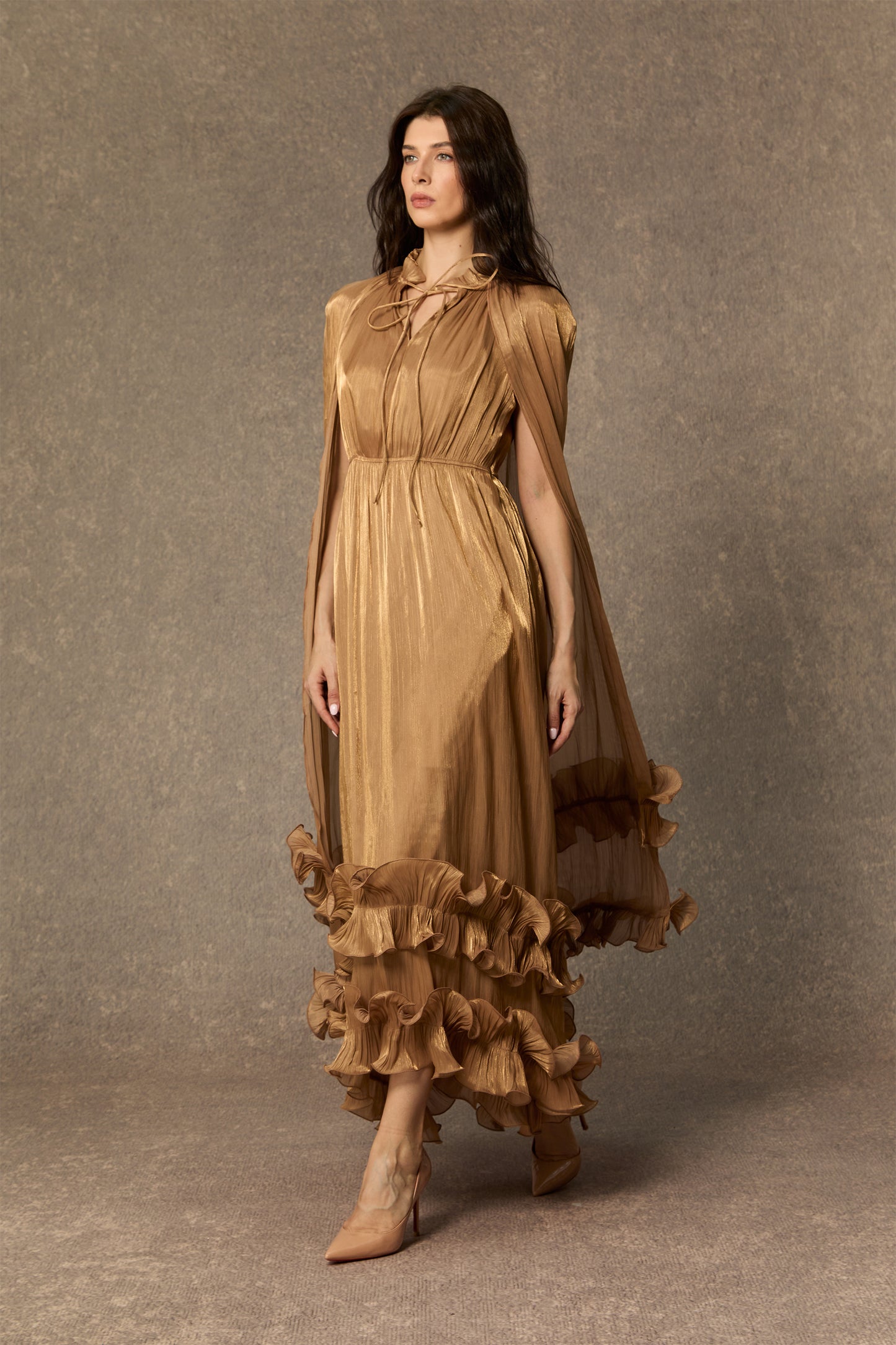 Classic Cape-Effect Ruffled Midi Dress