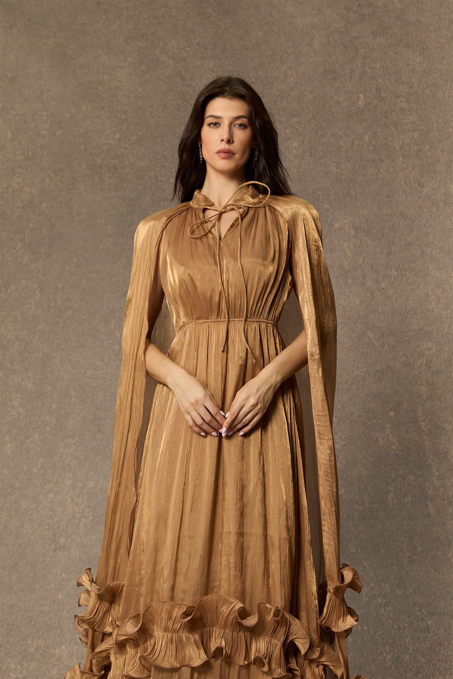 Classic Cape-Effect Ruffled Midi Dress