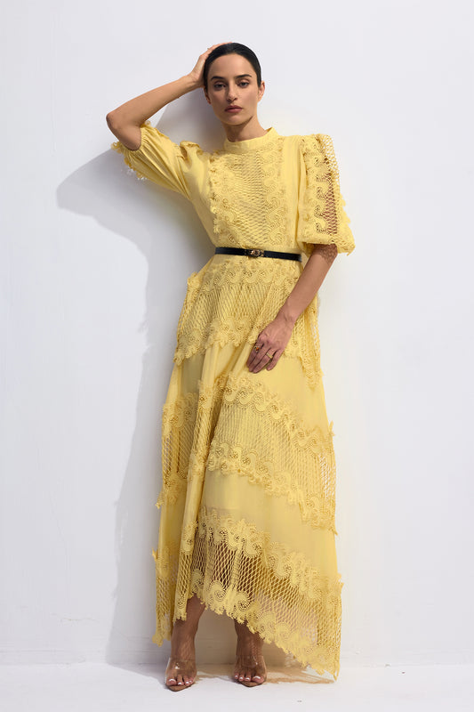 Timeless Elegant Embroidered Lace Puff Sleeve Maxi Dress