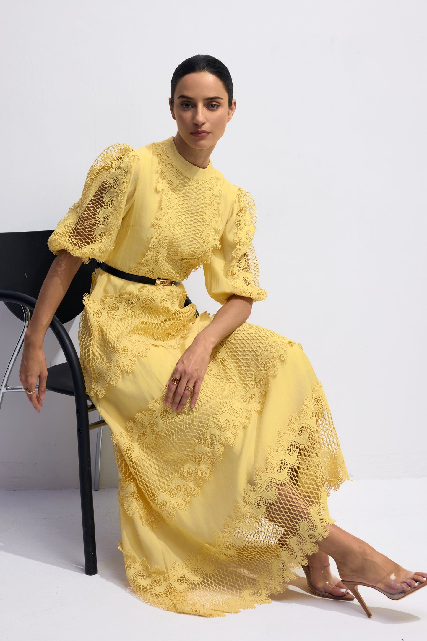 Timeless Elegant Embroidered Lace Puff Sleeve Maxi Dress
