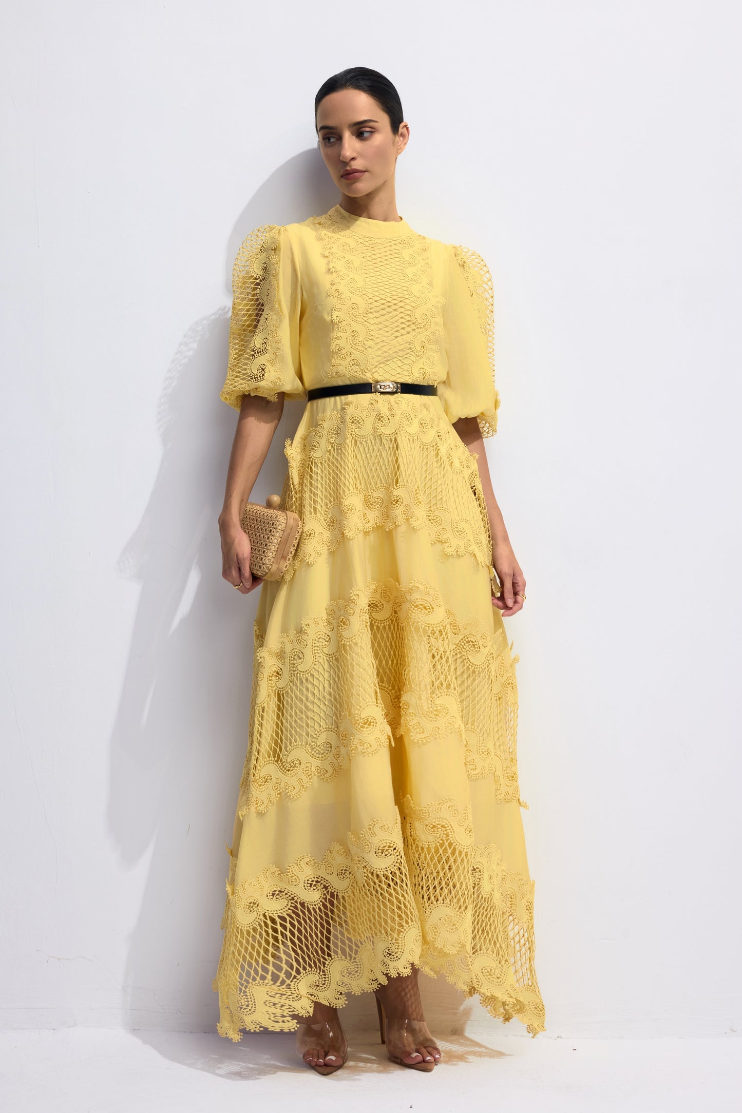 Timeless Elegant Embroidered Lace Puff Sleeve Maxi Dress