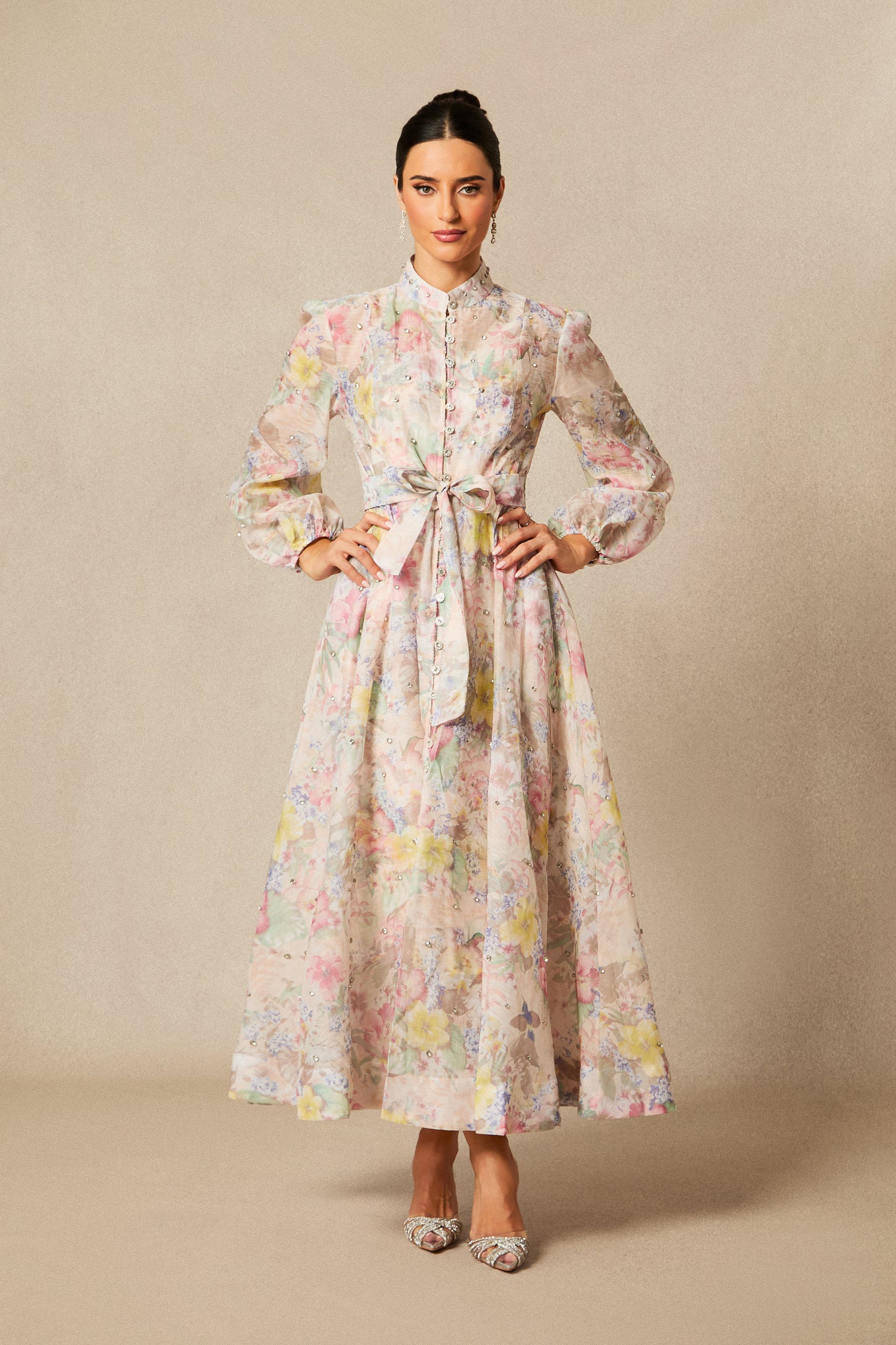 Elegant Floral Print Maxi Dress with Balloon Sleeves