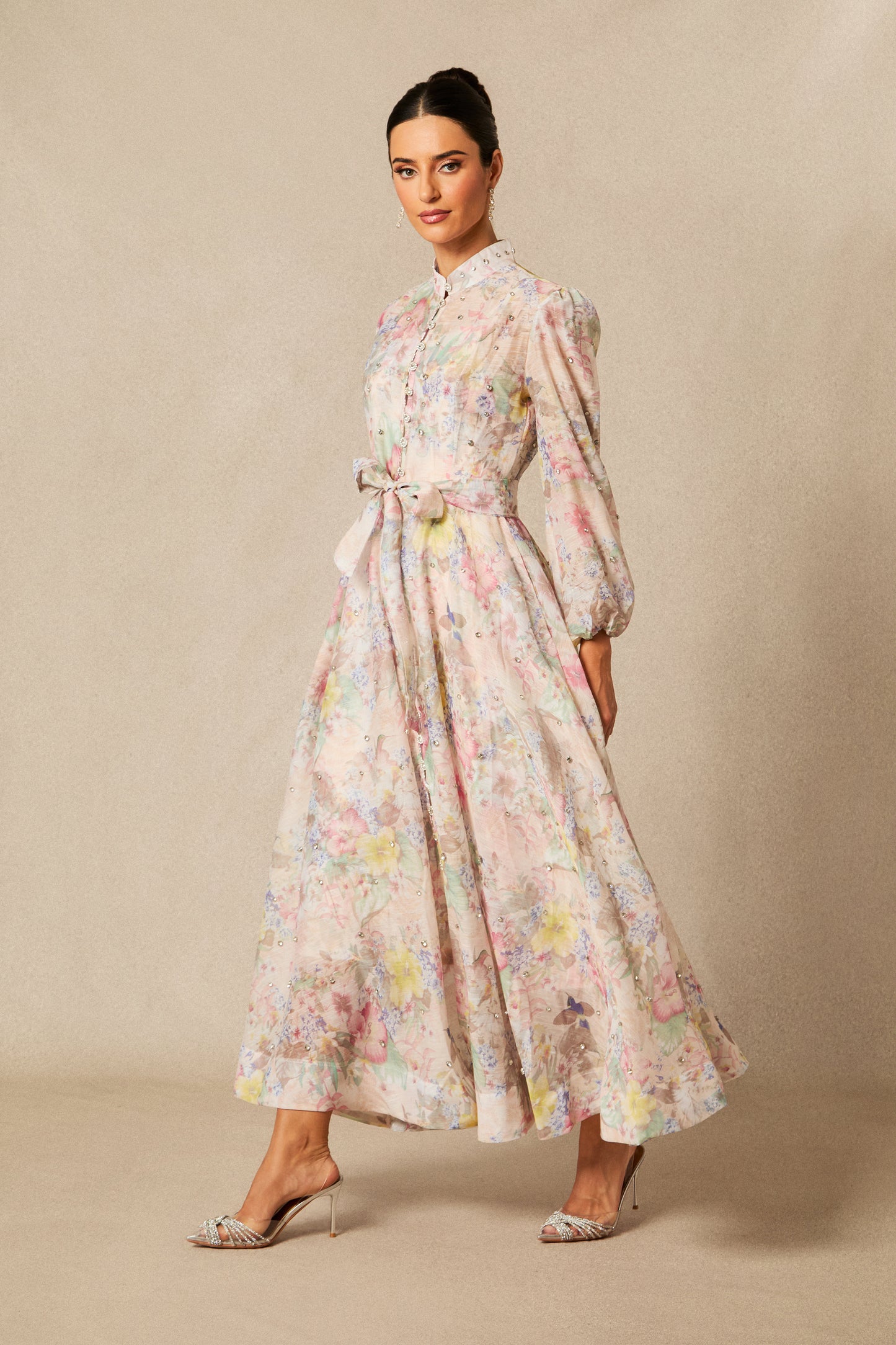 Elegant Floral Print Maxi Dress with Balloon Sleeves