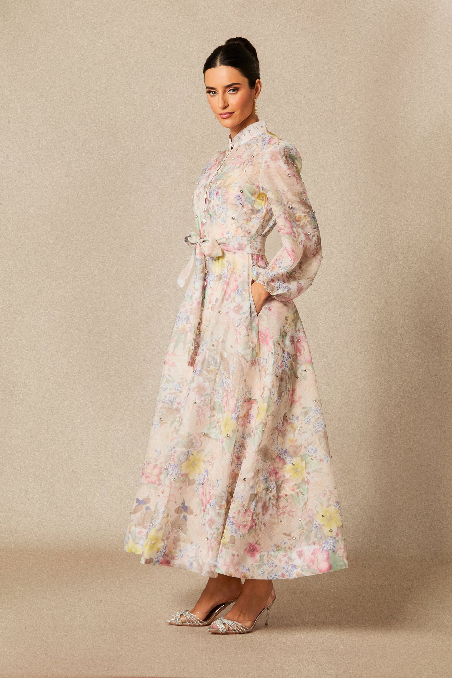 Elegant Floral Print Maxi Dress with Balloon Sleeves