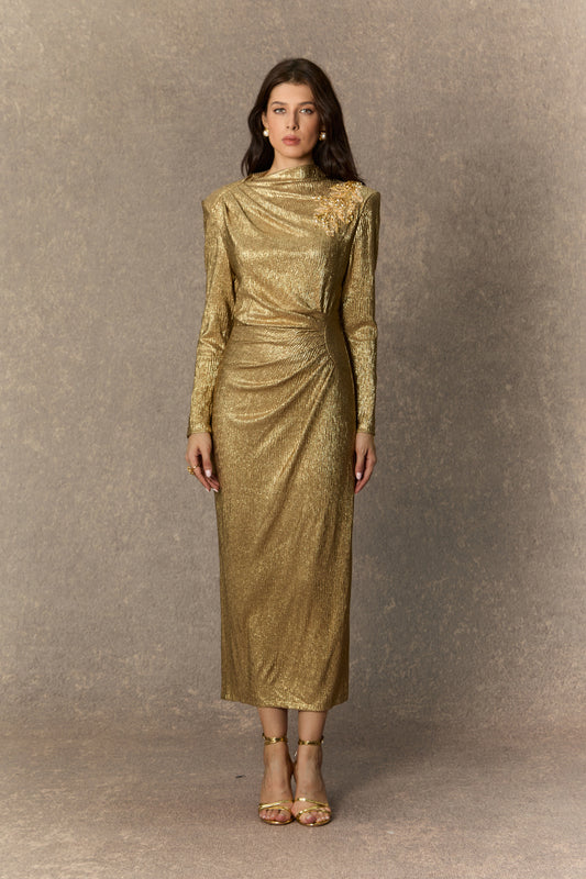 Refined Gold Floral Midi Dress