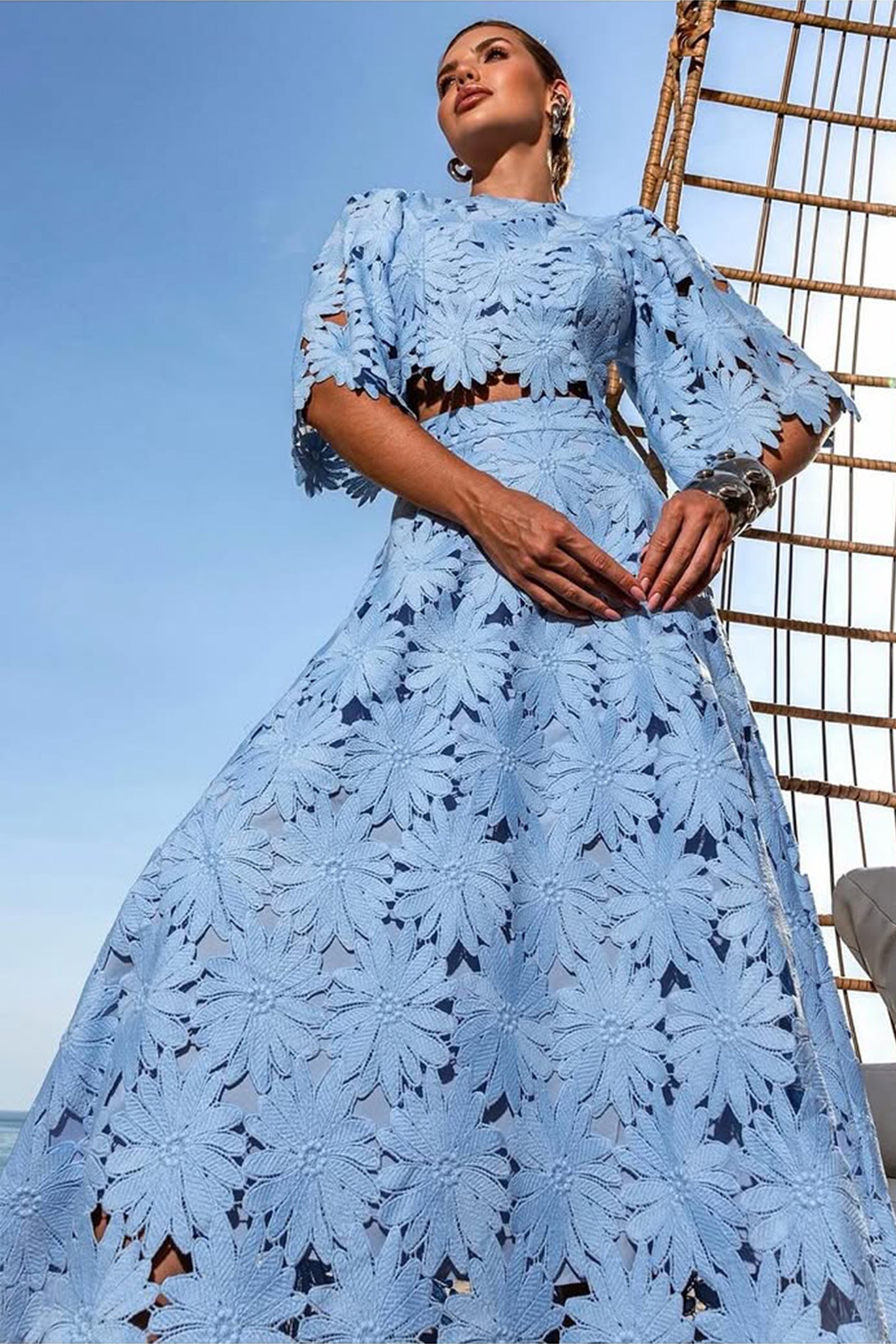 Classy Lace Embroidered Top and Maxi Skirt Set