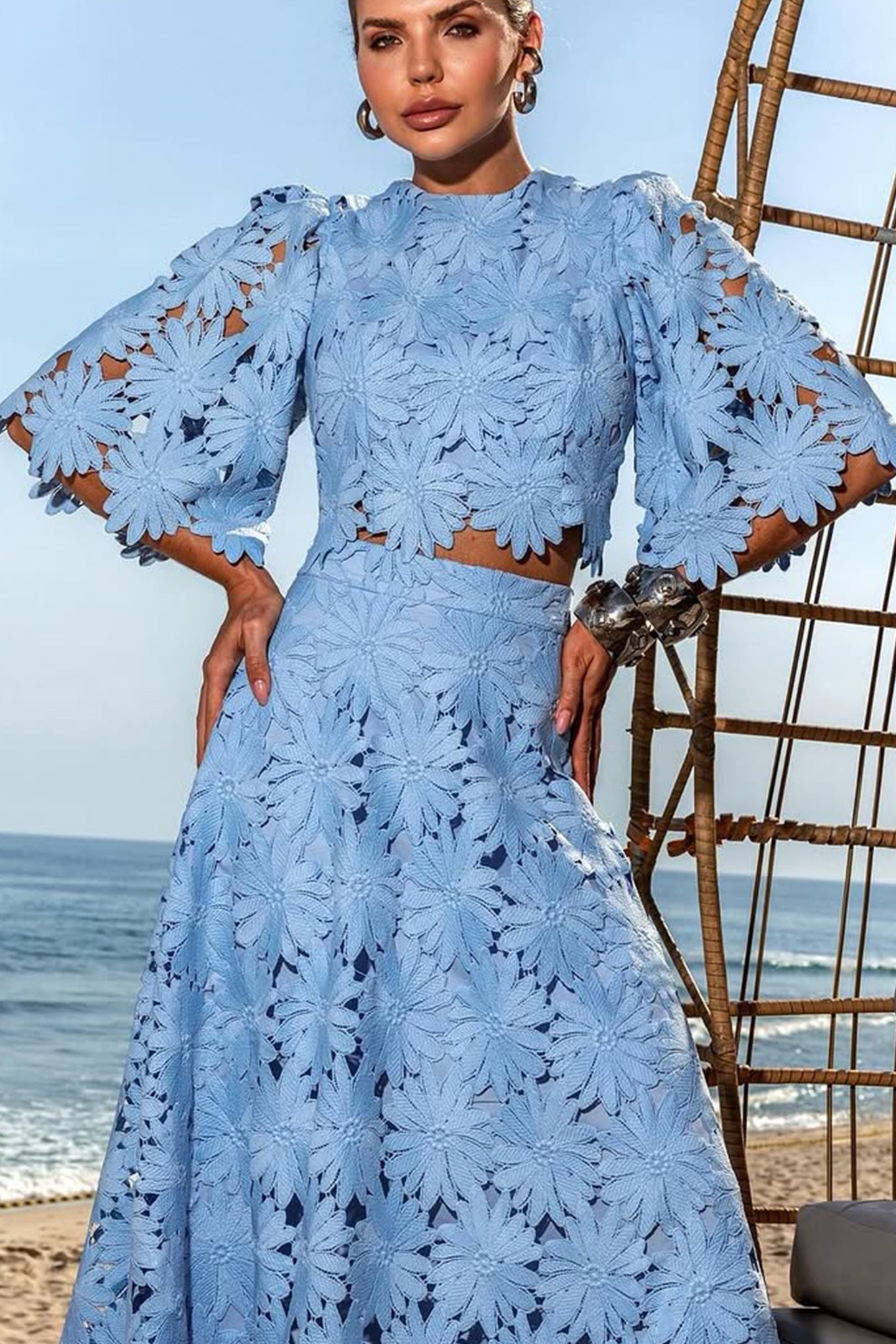 Classy Lace Embroidered Top and Maxi Skirt Set