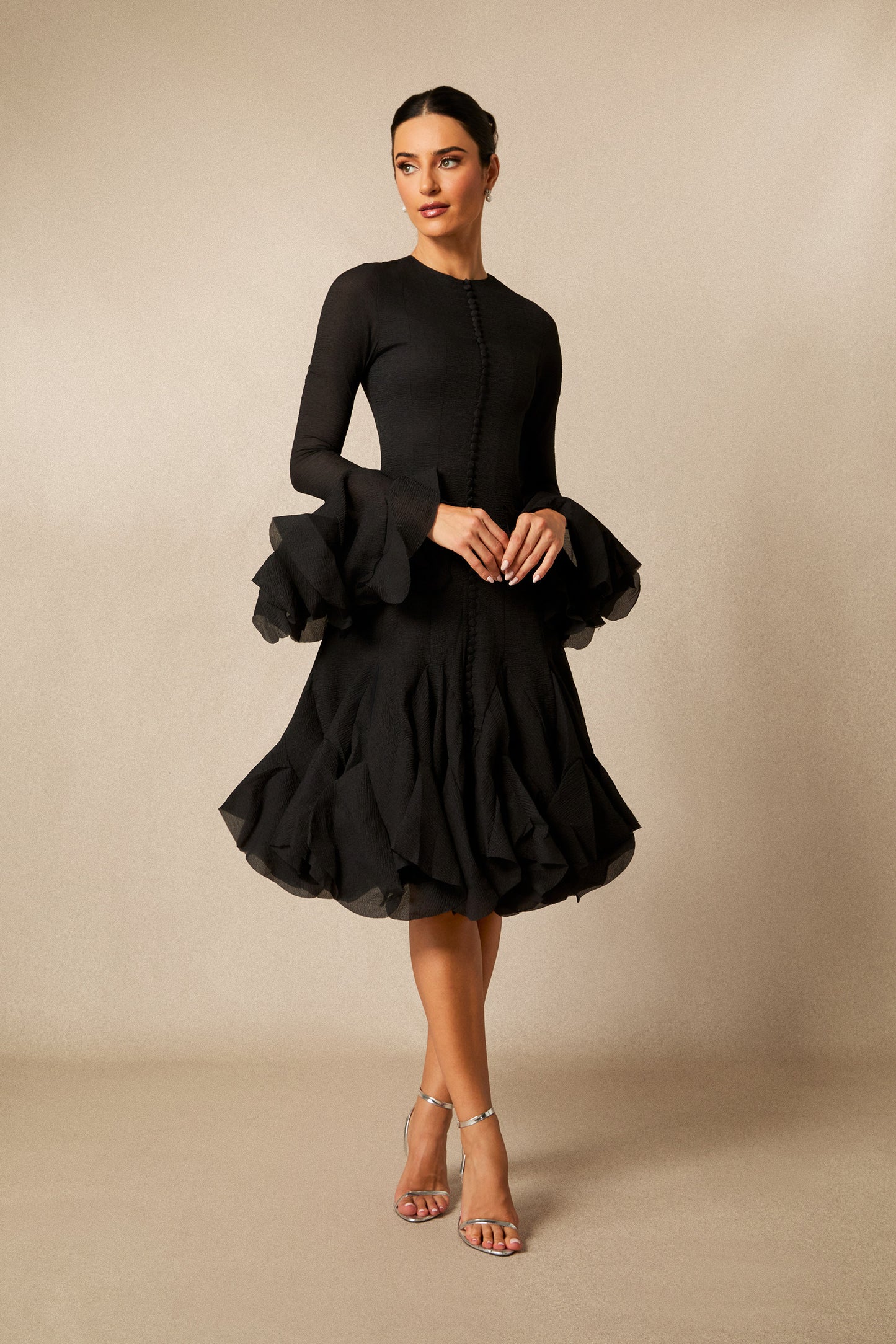 Captivating Long Sleeve Flared Hem Midi Dress