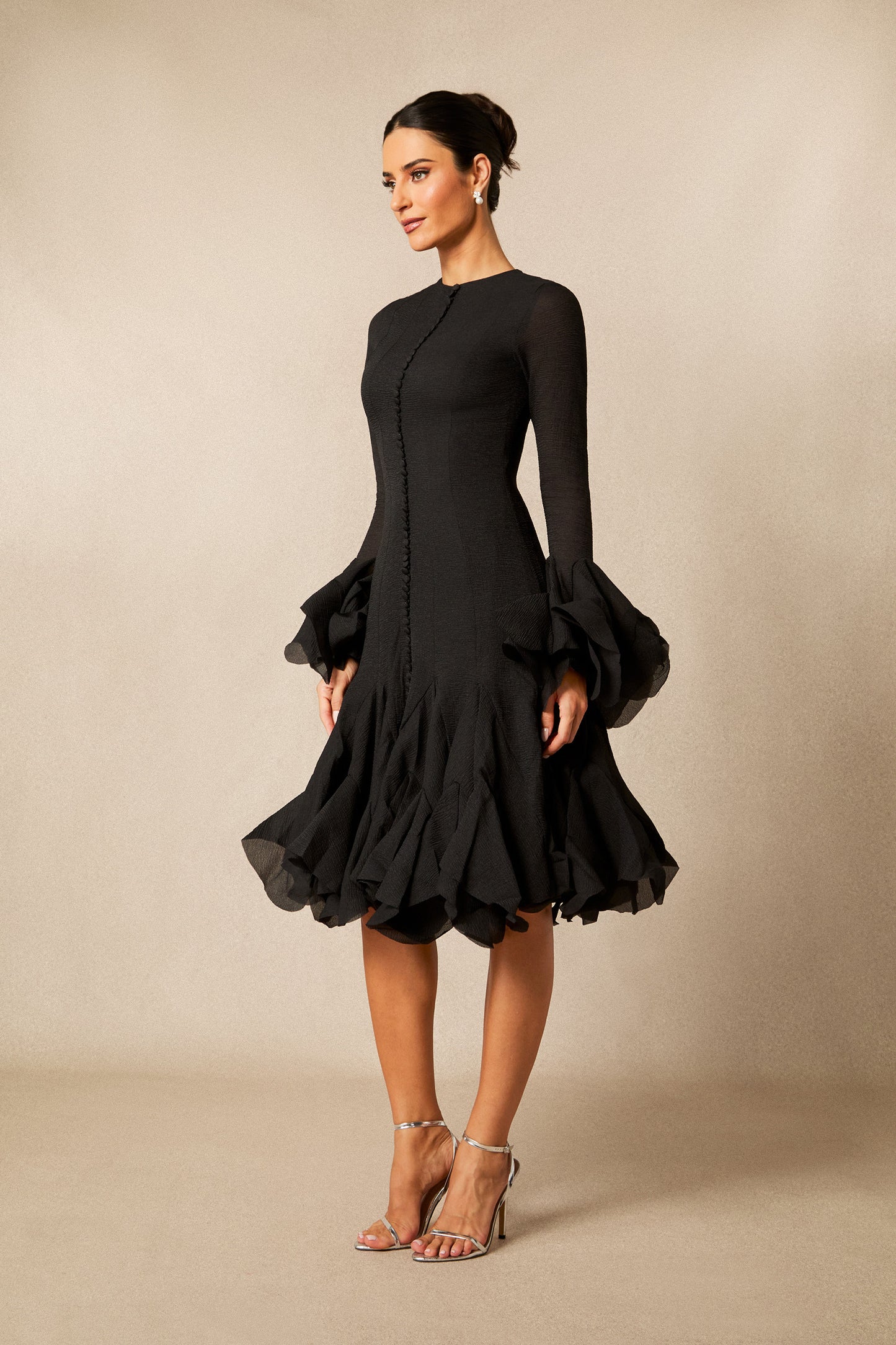 Captivating Long Sleeve Flared Hem Midi Dress