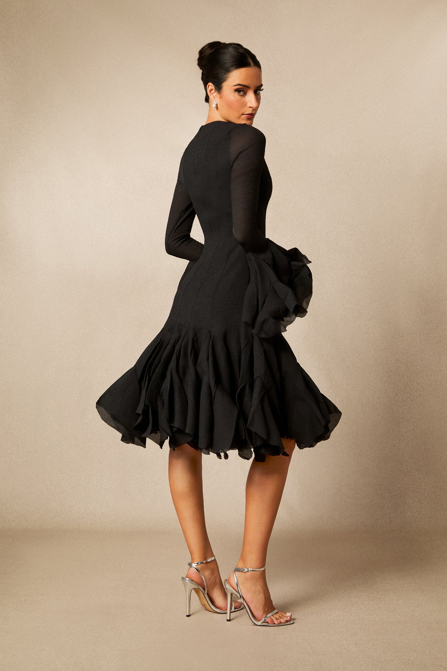 Captivating Long Sleeve Flared Hem Midi Dress