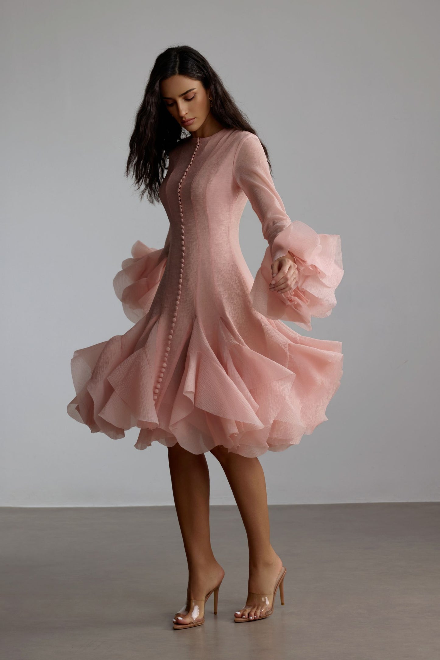 Captivating Long Sleeve Flared Hem Midi Dress