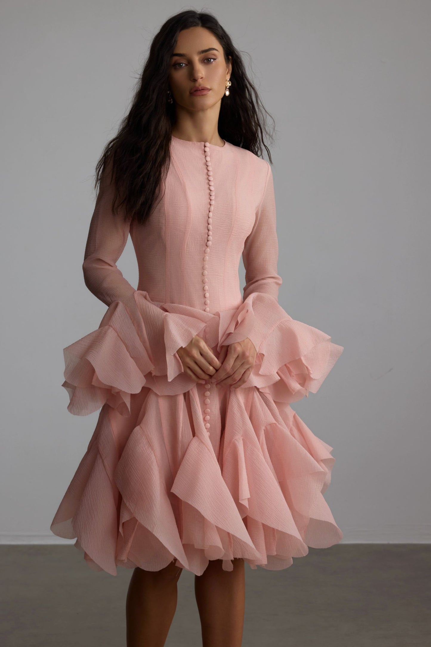 Captivating Long Sleeve Flared Hem Midi Dress