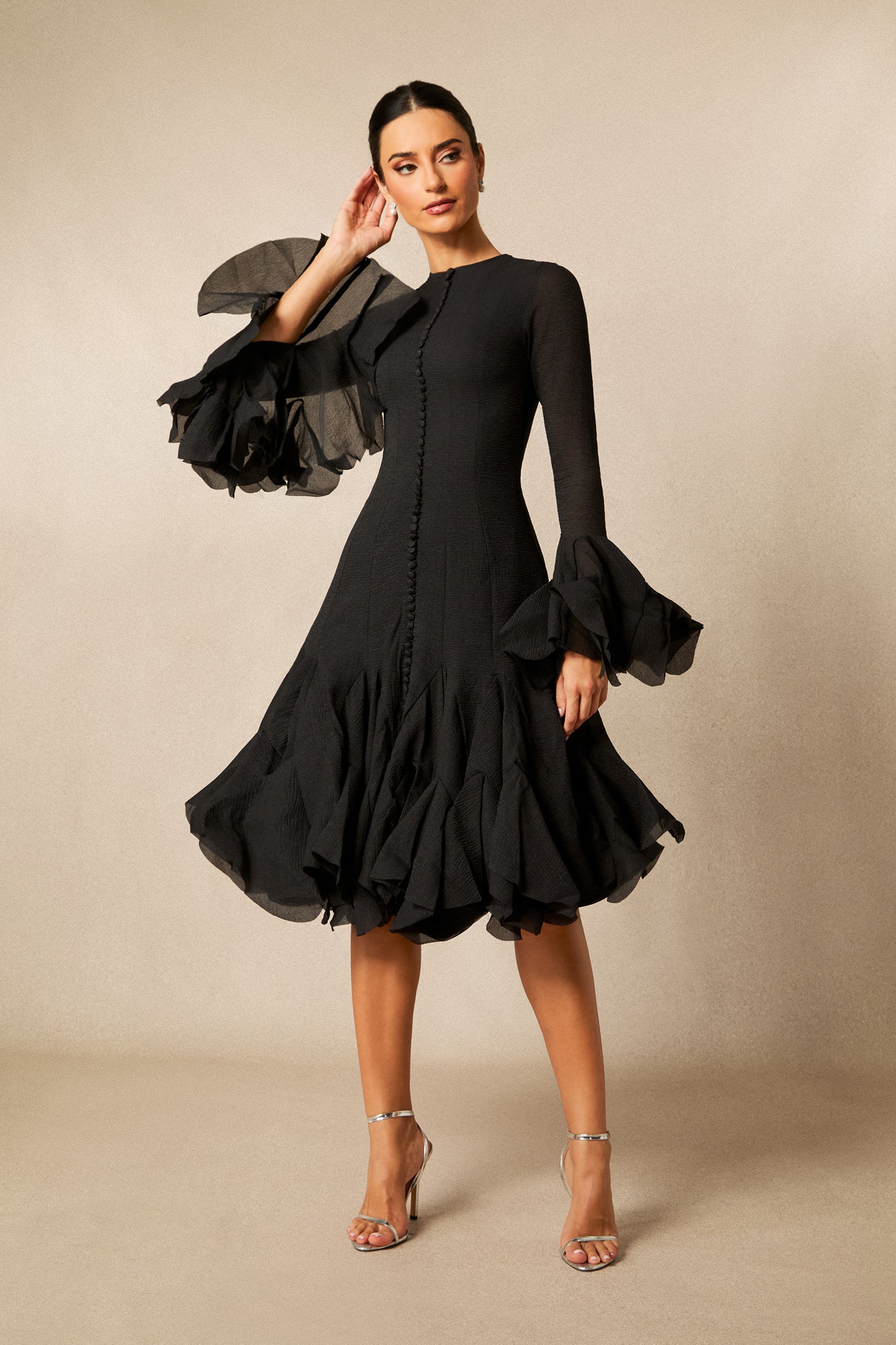 Captivating Long Sleeve Flared Hem Midi Dress