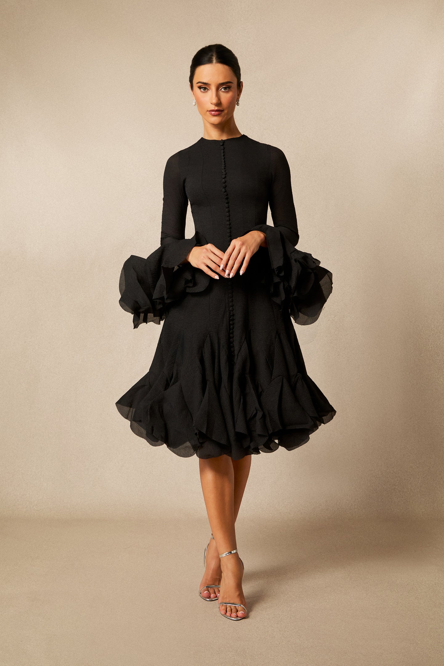 Captivating Long Sleeve Flared Hem Midi Dress