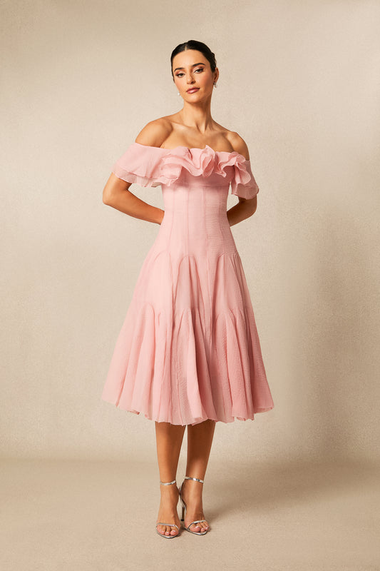 Sophisticated Off-Shoulder Ruffle Midi Dress