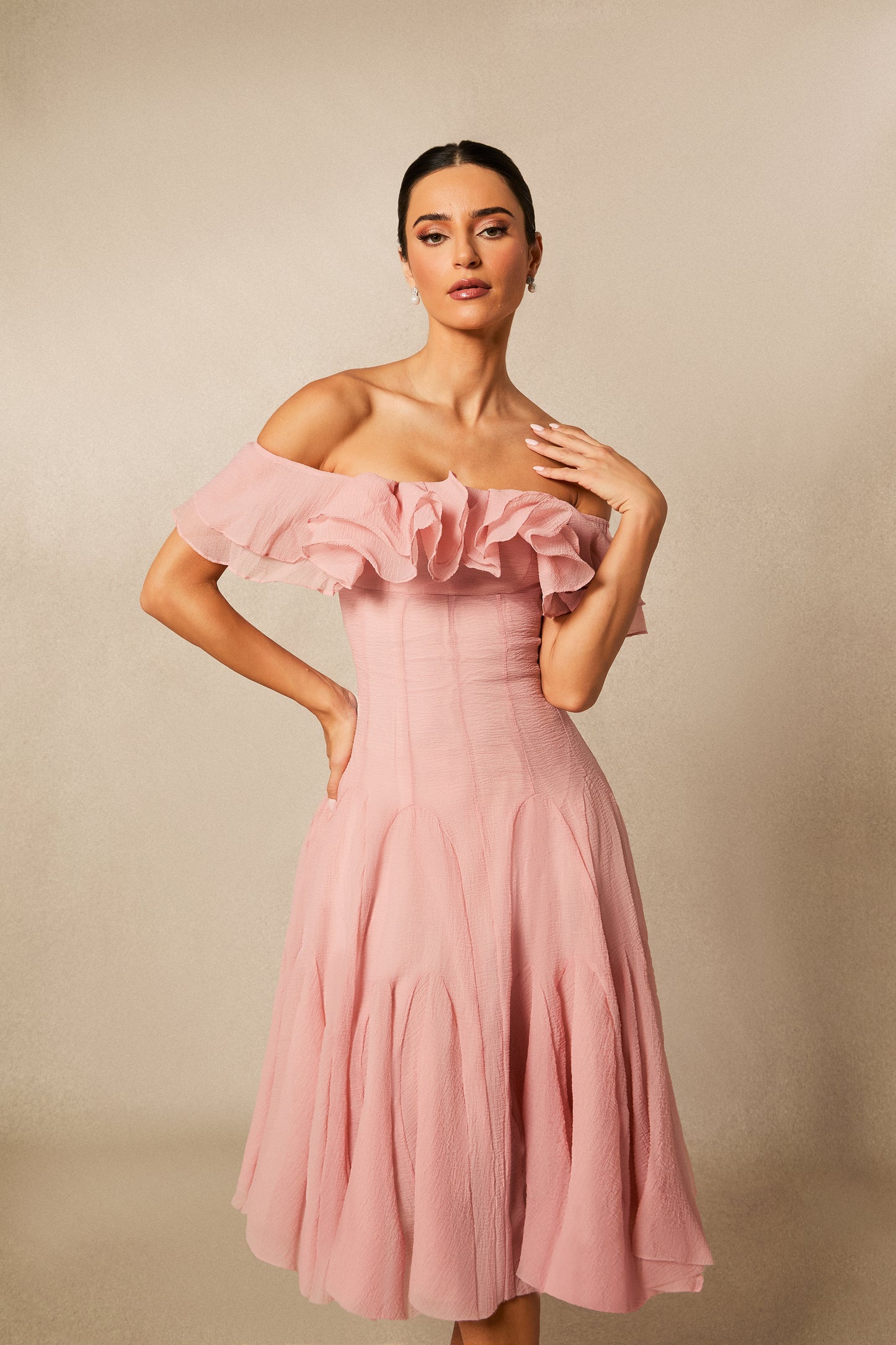 Sophisticated Off-Shoulder Ruffle Midi Dress