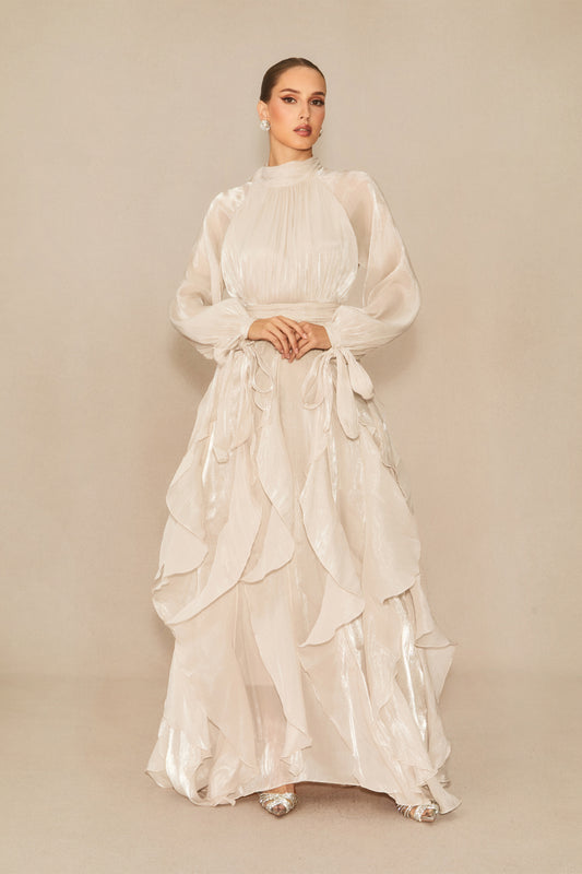 Elegant Puff Sleeve Ruffle Maxi Dress