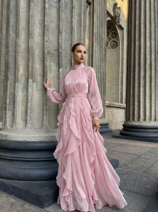 Elegant Puff Sleeve Ruffle Maxi Dress