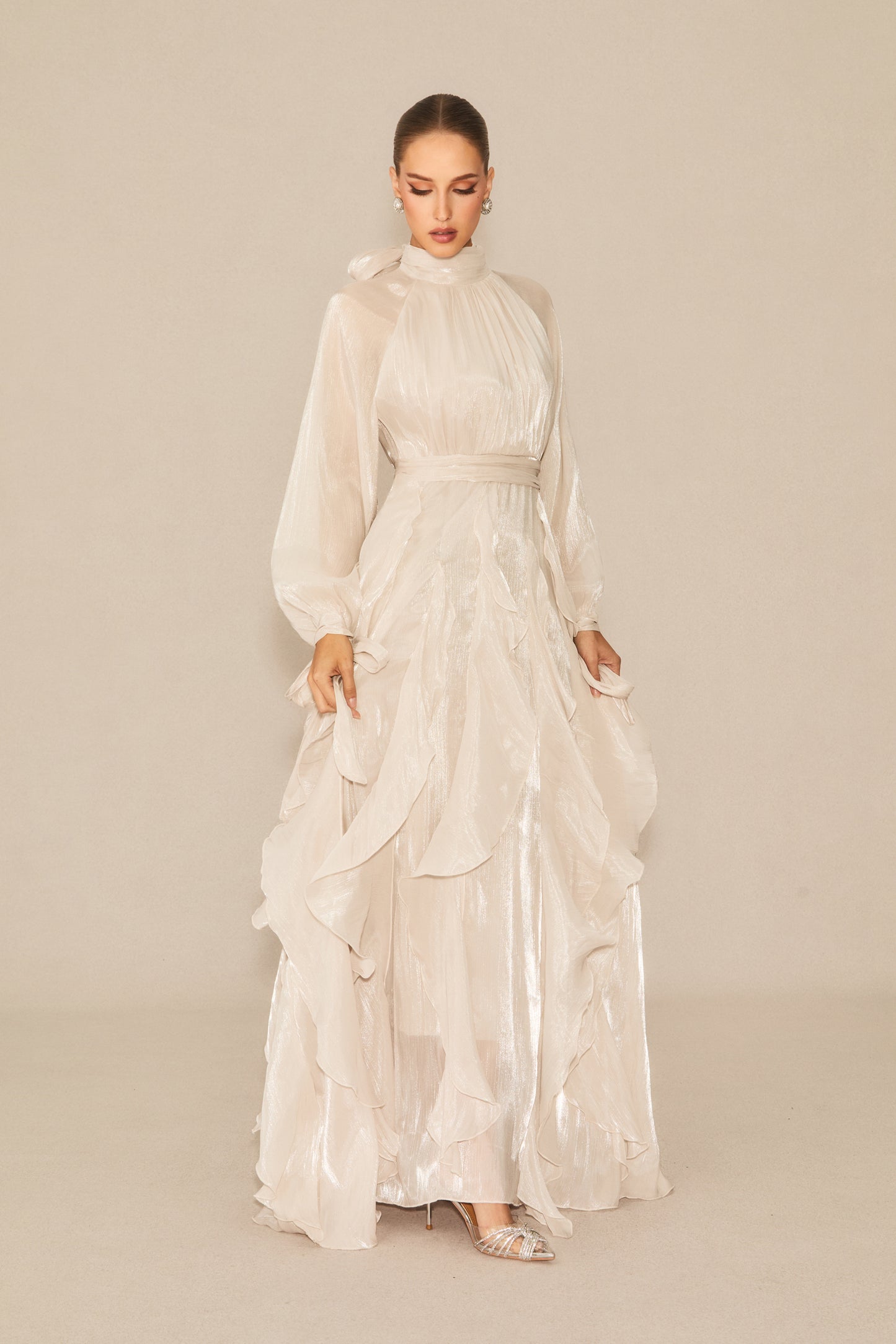 Elegant Puff Sleeve Ruffle Maxi Dress